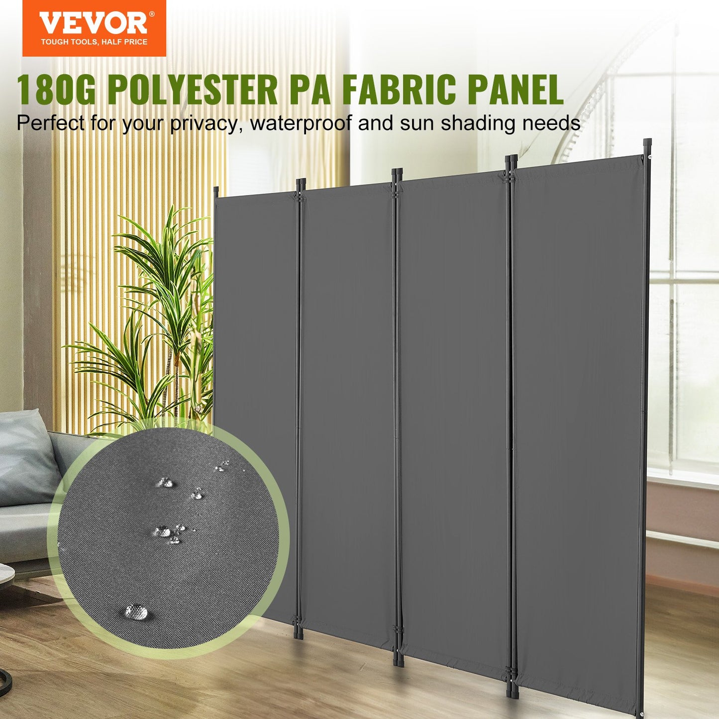 4-Panel Room Divider - Privacy Screen, Gray Fabric Partition