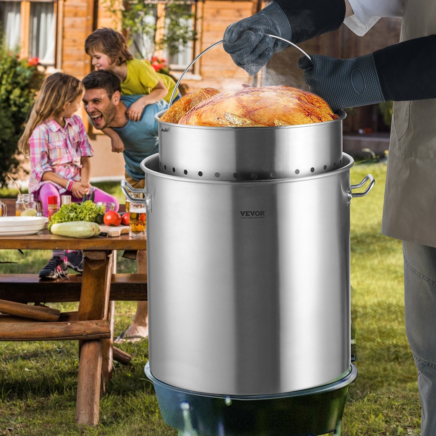 84QT Stainless Steel Stockpot with Lid & Strainer Basket