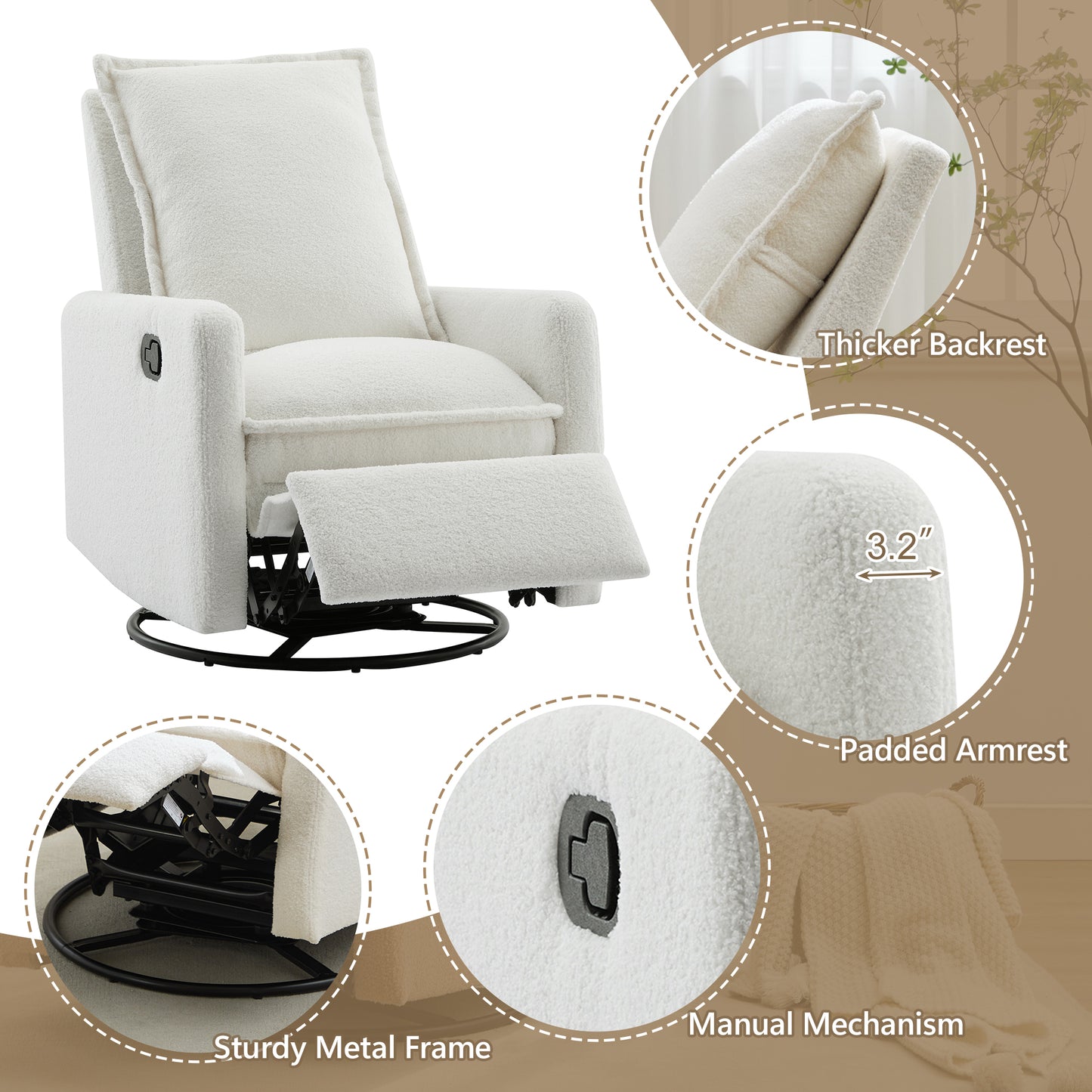 Swivel Rocker Recliner Chair - Teddy Fleece in White