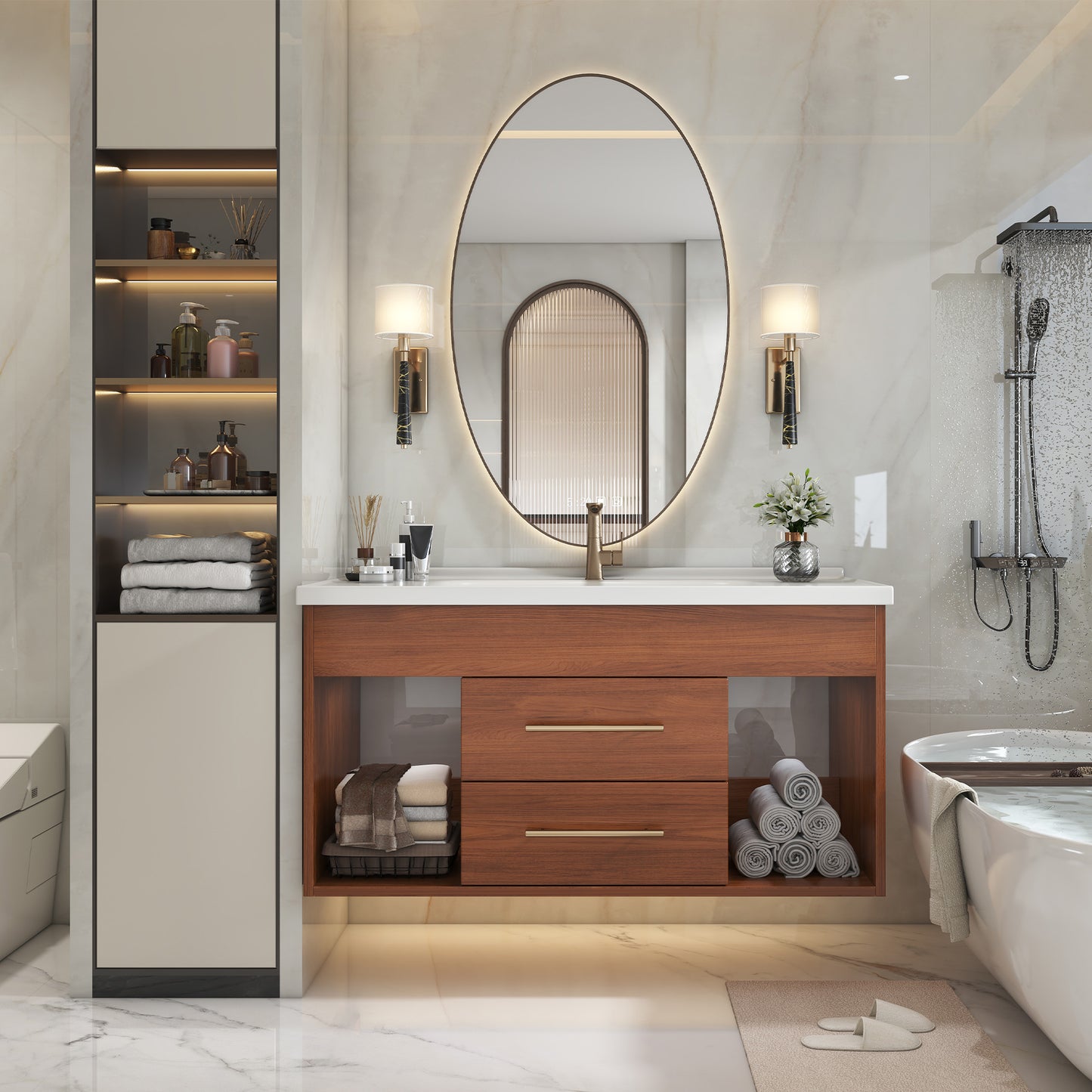 35.4" Mid-Century Modern Bathroom Vanity with Undermount Sink - White/Walnut
