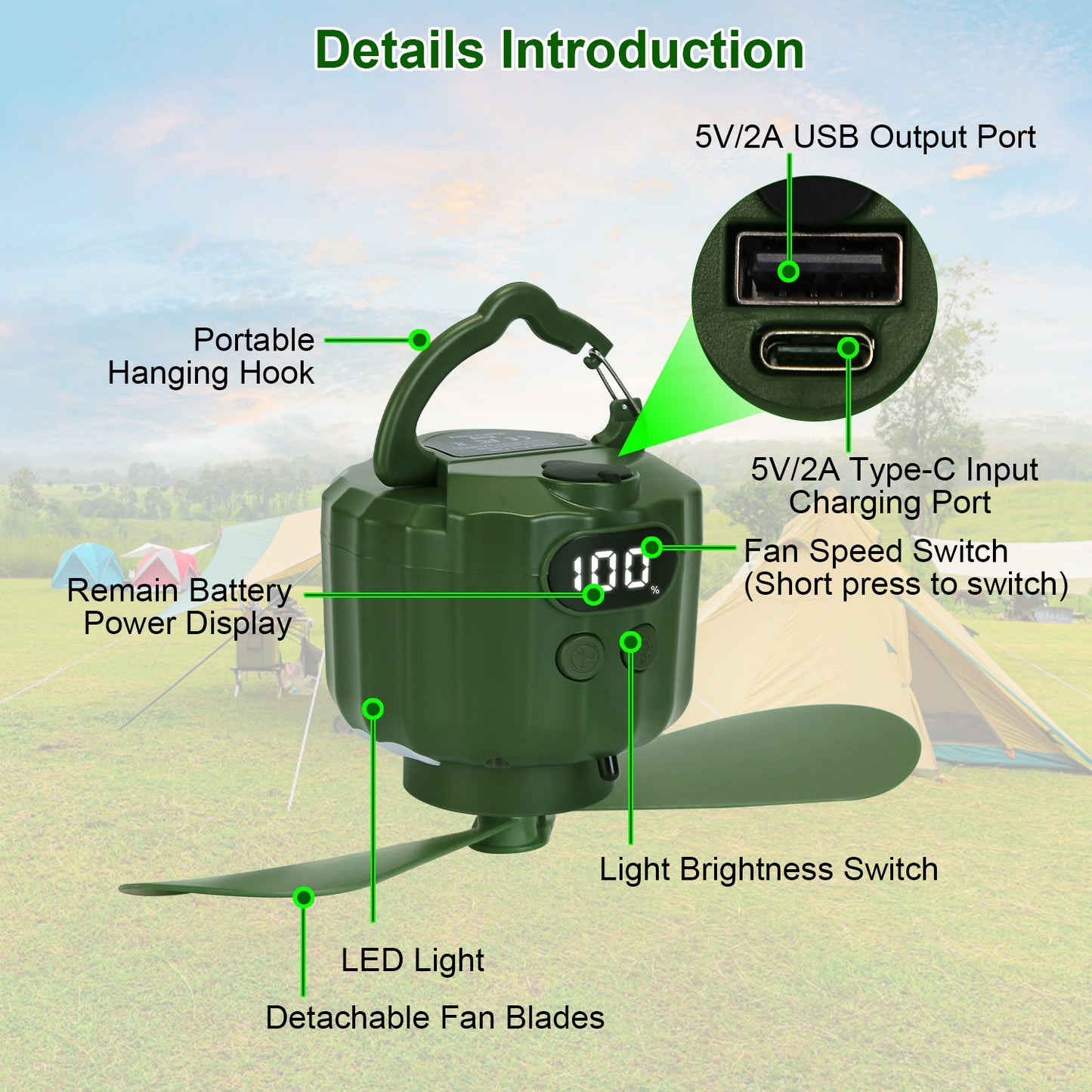 3-in-1 Camping Fan with LED Lantern and Power Bank - Rechargeable, Quiet, Detachable Blades