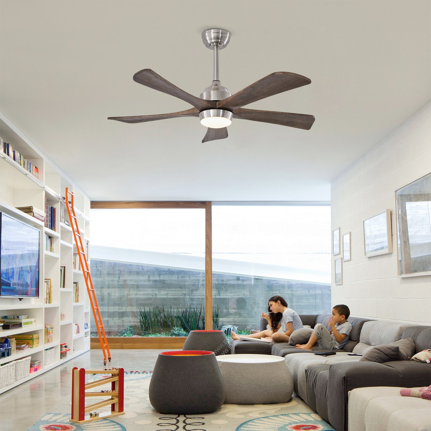 42" Solid Wood Blade Ceiling Fan with Lights & Remote Control - Nickel