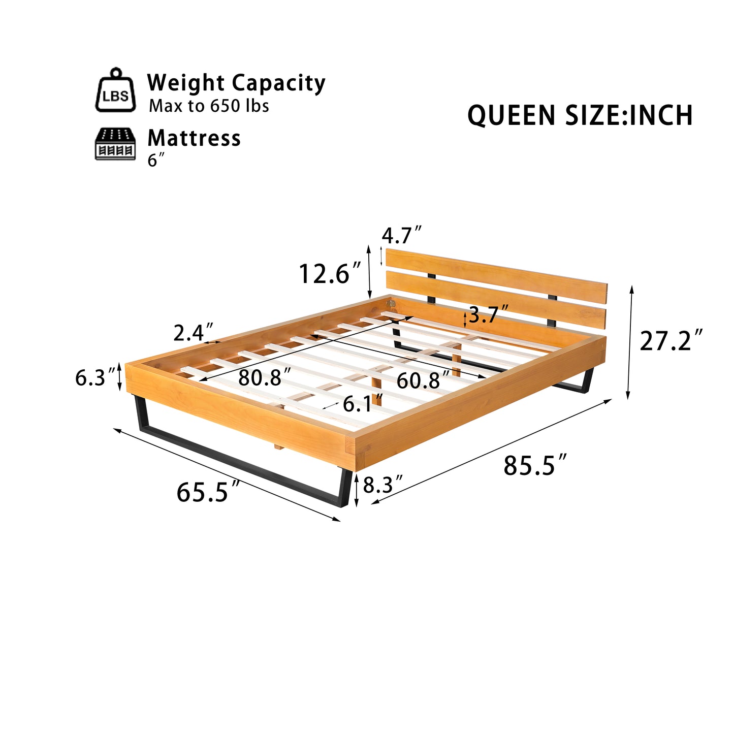 PINE WOOD BED FRAME QUEEN SIZE,NATURAL & BLACK COLOR