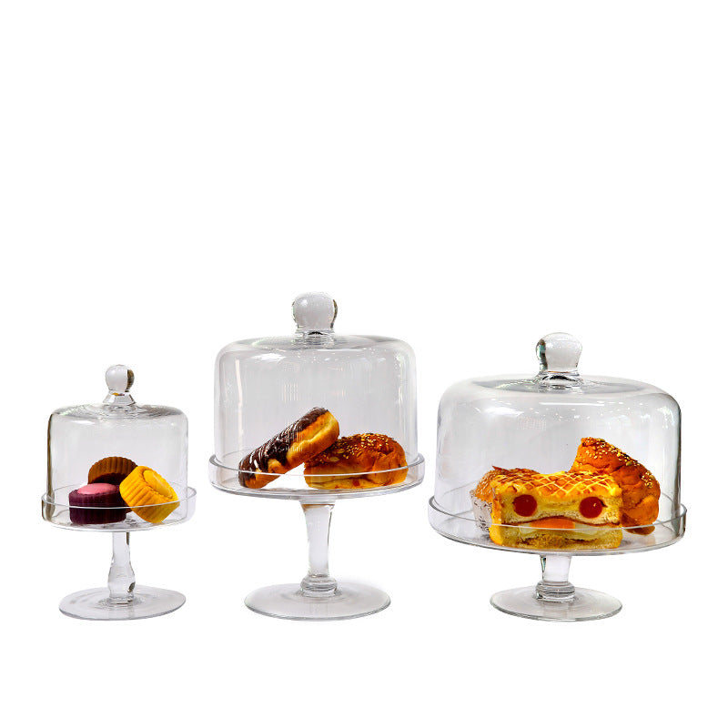 Large Glass Cake Tray with Transparent Dust Cover - European Style