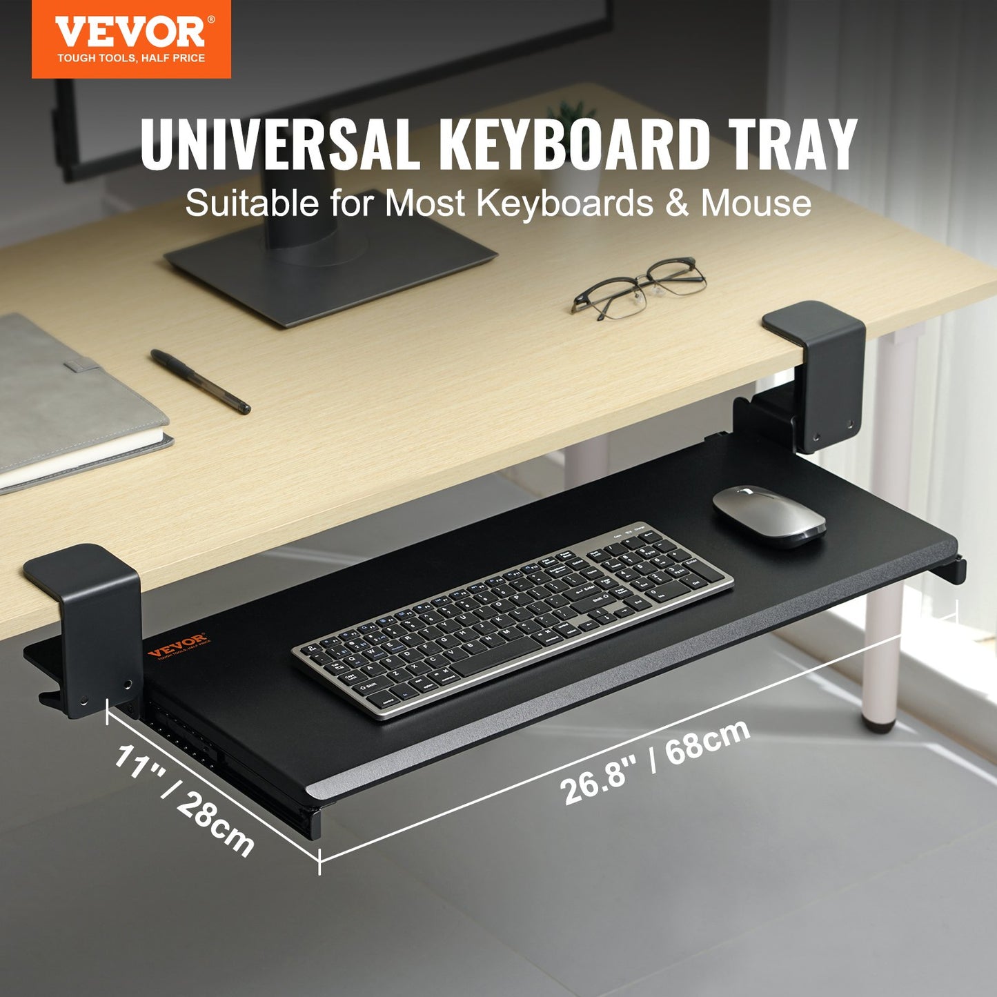 Ergonomic Pull-Out Keyboard Tray Under Desk - 26.8 x 11 Inch
