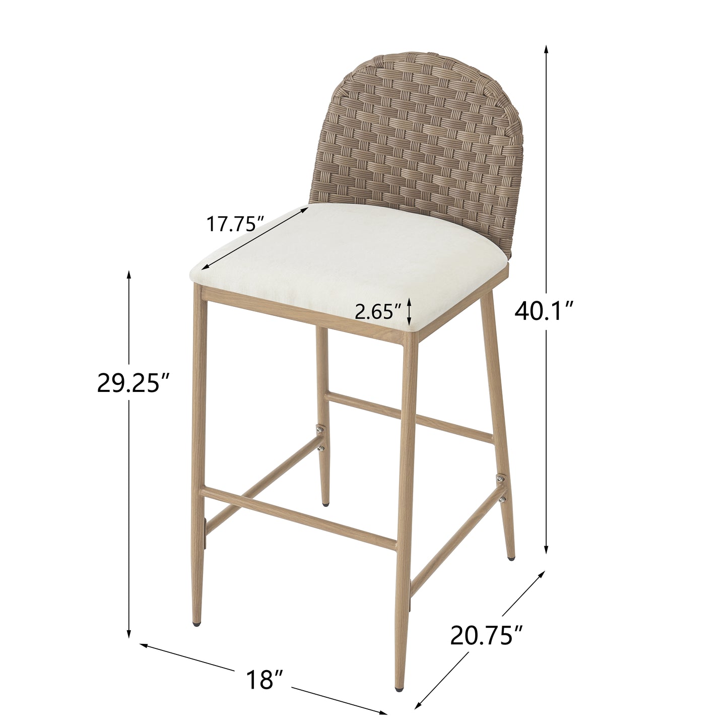 Farmhouse Barstools Set of 2 - Upholstered Iron Counter Stools with Rattan Backrest - Brown Beige