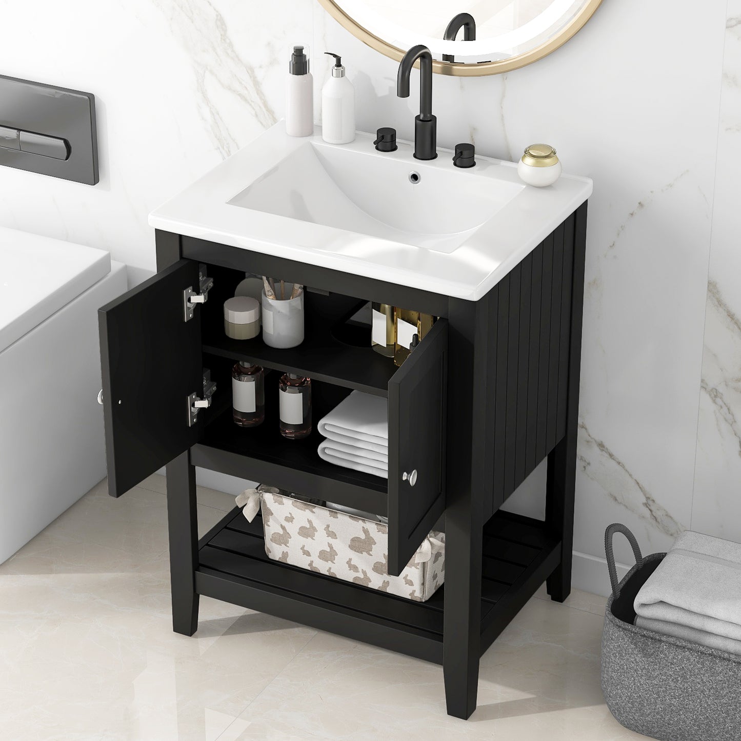 24" Black Modern Bathroom Vanity with Ceramic Sink & Wood Frame