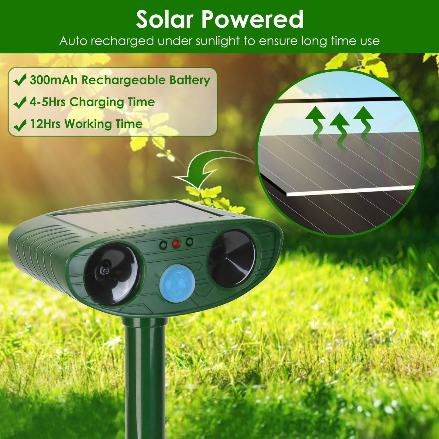 Solar Ultrasonic Animal Repeller with PIR Motion Sensor - Waterproof