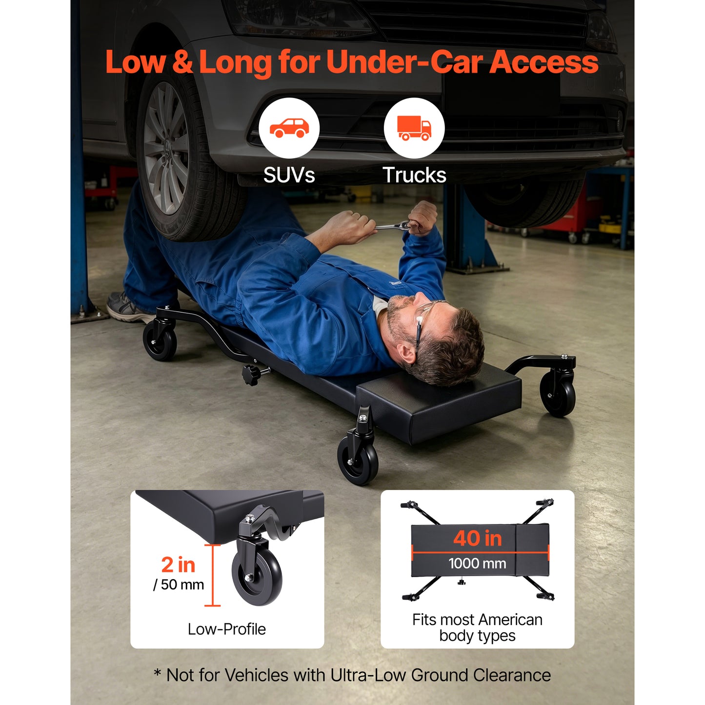 40-In Mechanic Creeper with 4 Large Wheels, Low Profile Car Repair Roller, Adjustable Headrest