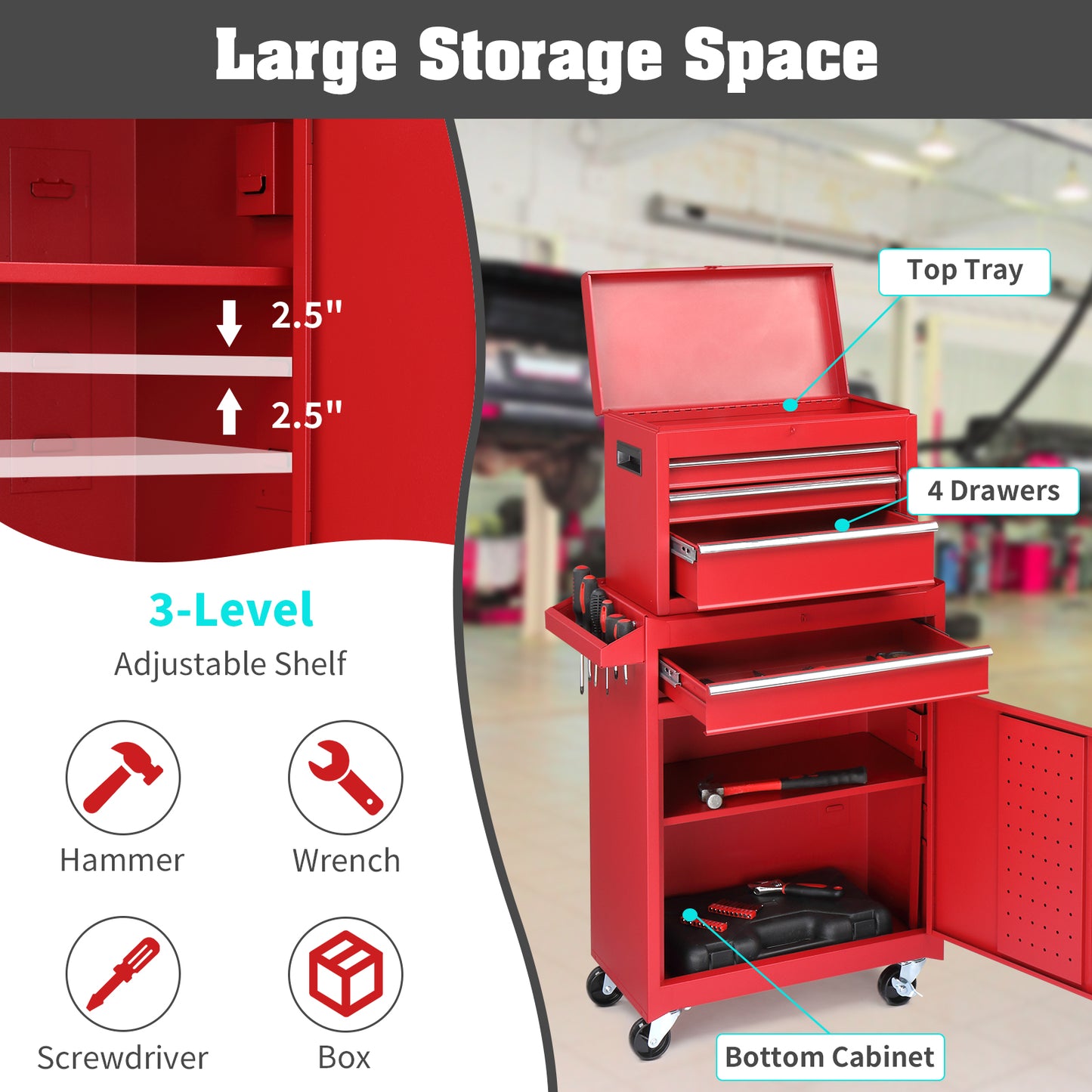 4-Drawer Steel Tool Cabinet with Lock - Heavy Duty Service Cart in Red