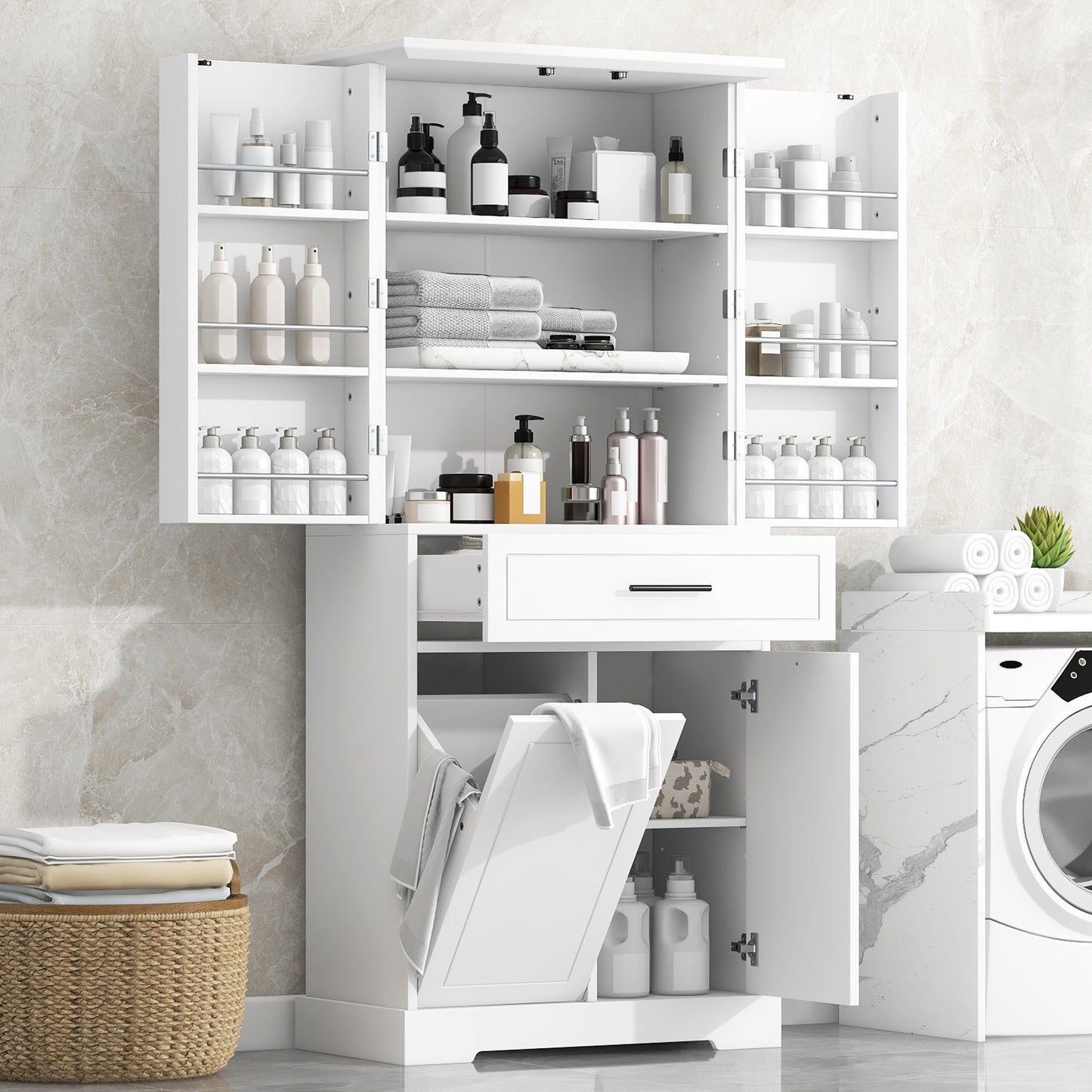 Freestanding Bathroom Storage Cabinet with Tilt-Out Hamper - White