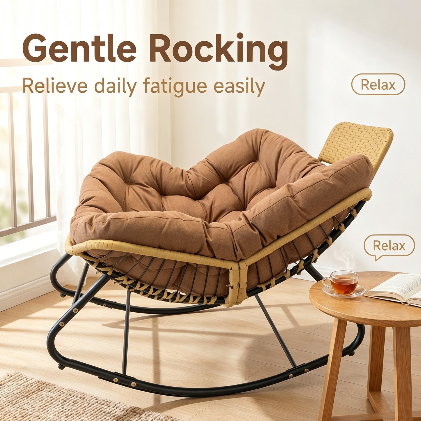 Oversized Papasan Rocking Chair with Thick Cushion - Brown