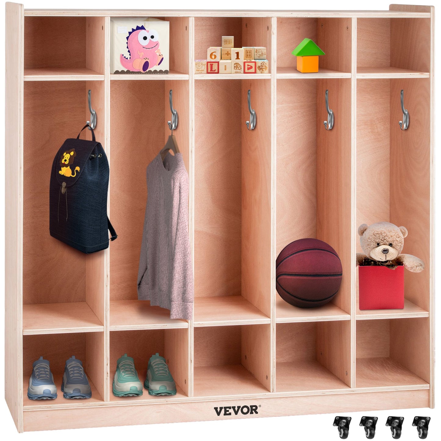 Coat Locker with 5 Hooks and Storage Boxes - 48x12x48 Inch Classroom Cubby for Kindergarten & School