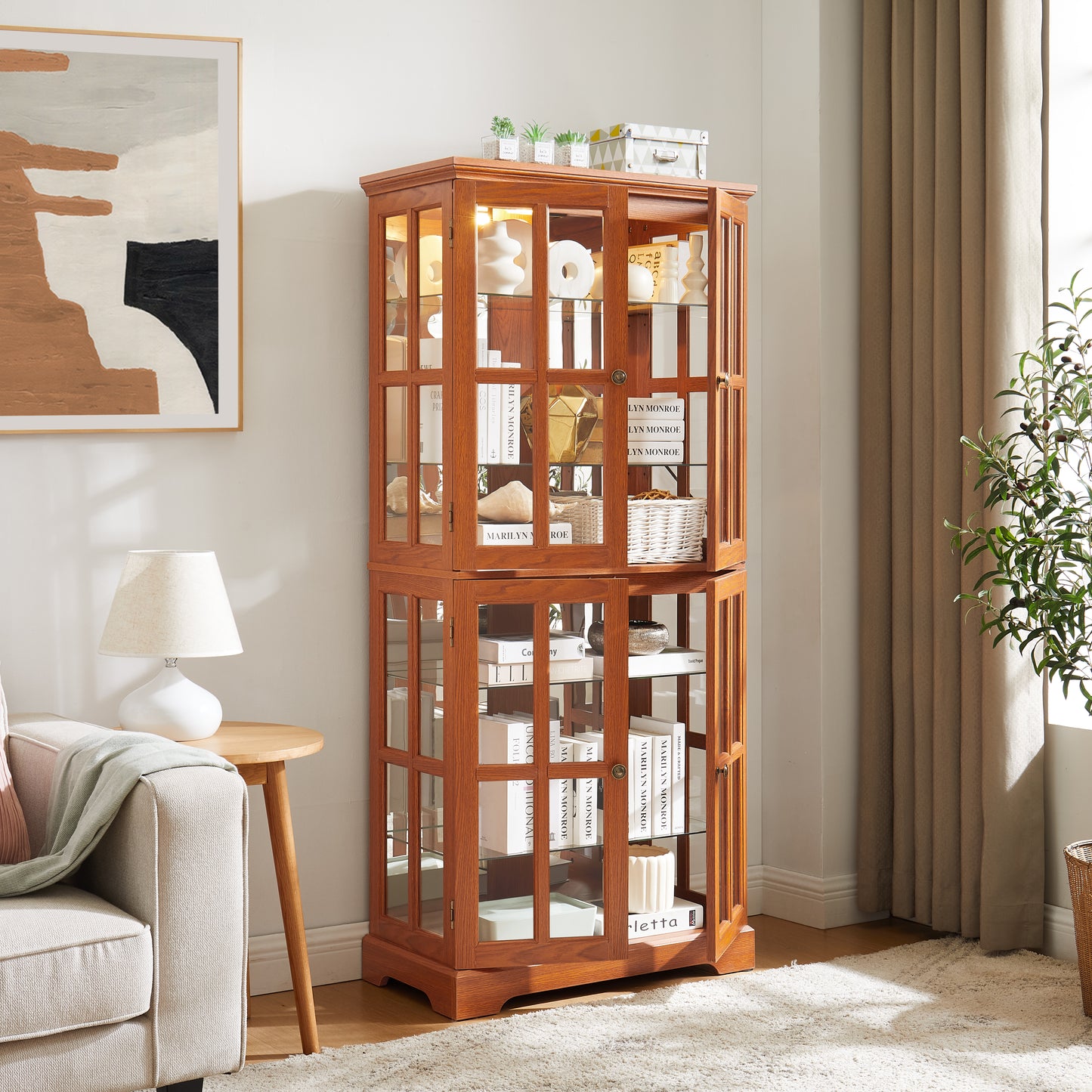 Vintage Curio Display Cabinet With Glass Doors - Antique Showcase For