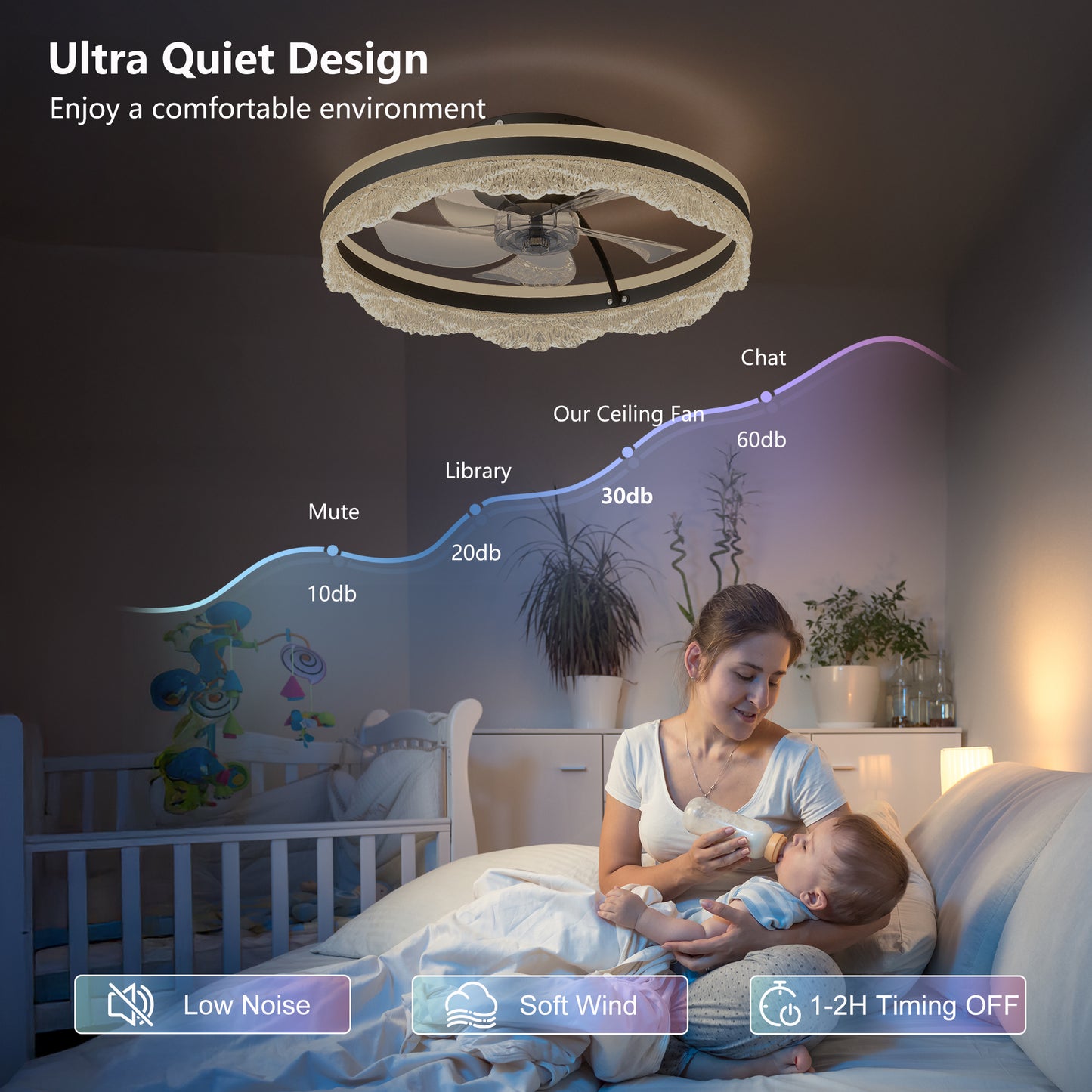 Smart Silent Ceiling Fan with Crystal LED Light - Flush Mount