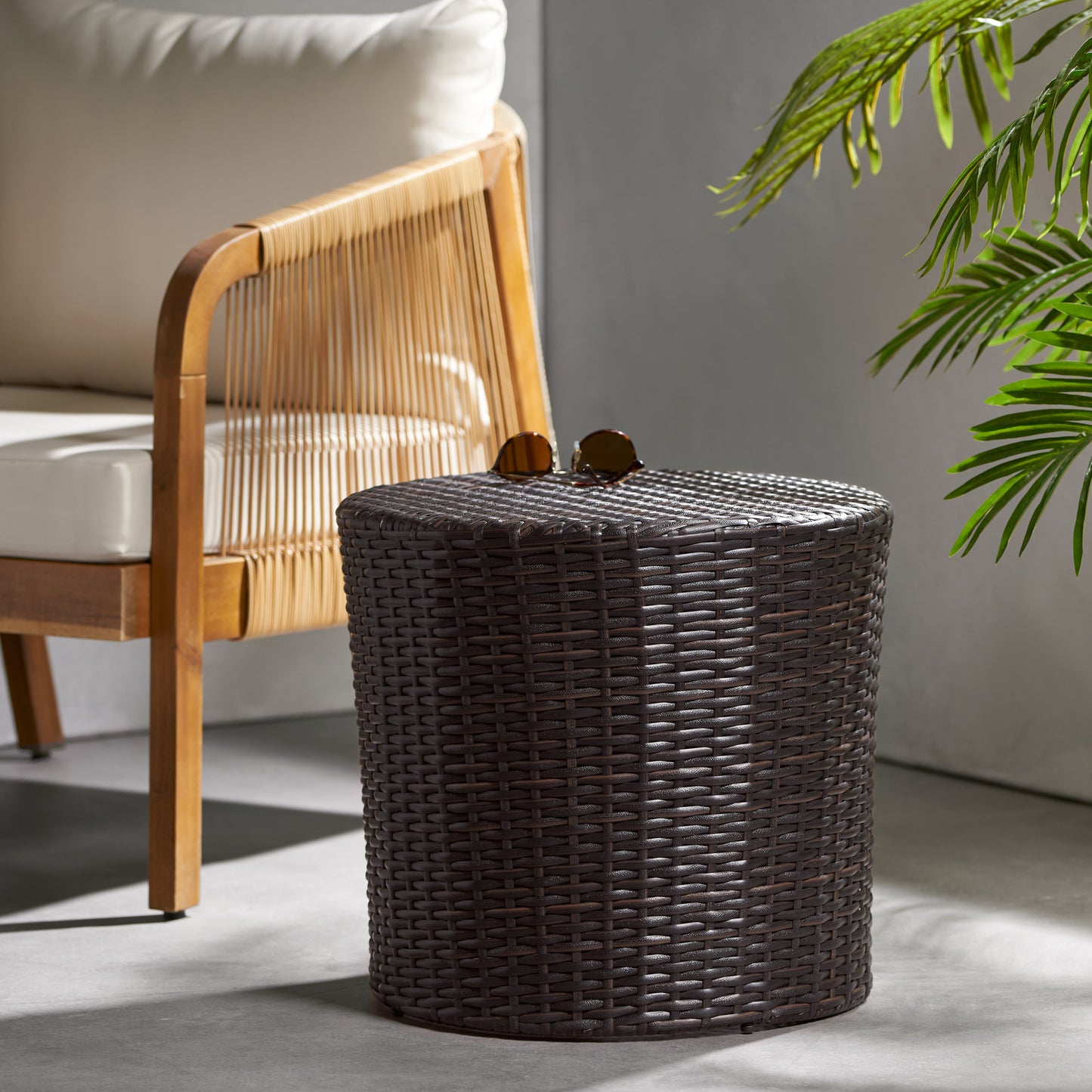 Outdoor Wicker Barrel Side Table - Brown Multi Accent Table