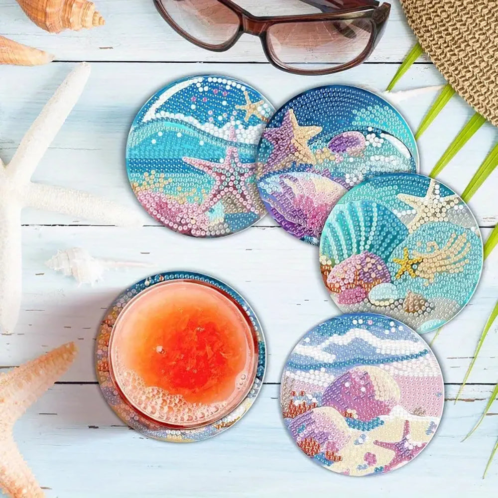 Diamond Painting Coaster Kit with Holder for Beginners - Seaside Pattern, 9.7x9.7cm