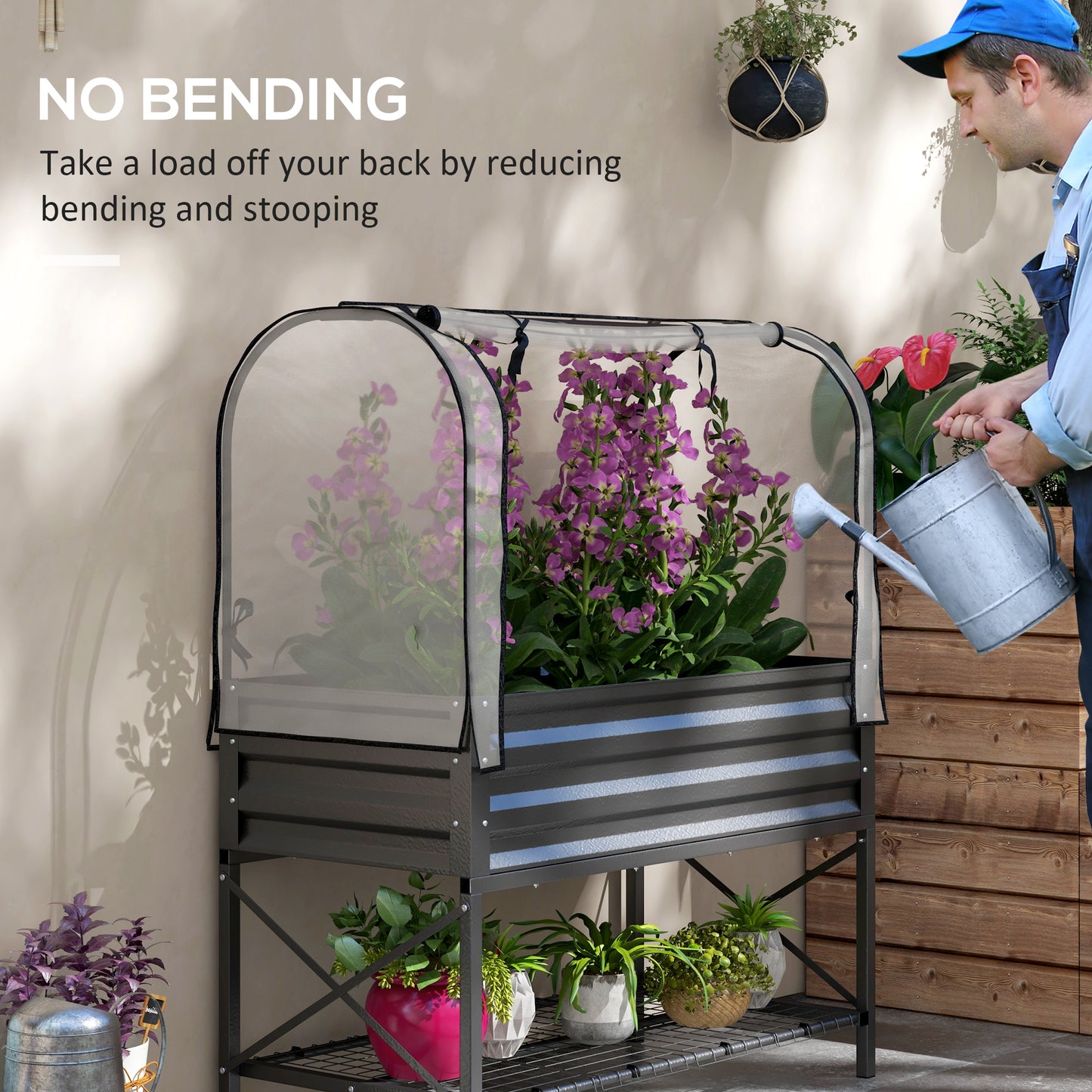 Raised Garden Bed with Cover and Legs - Metal Elevated Planter Box, Black, 1180x370x95mm
