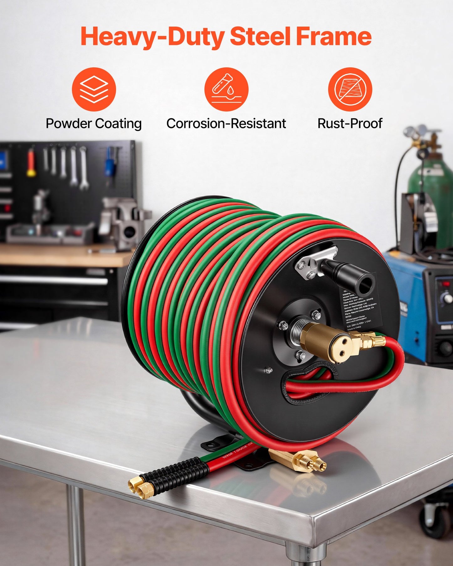 Retractable Welding Hose Reel with 1/4 Inch 100FT Rubber Hoses for Oxygen & Acetylene