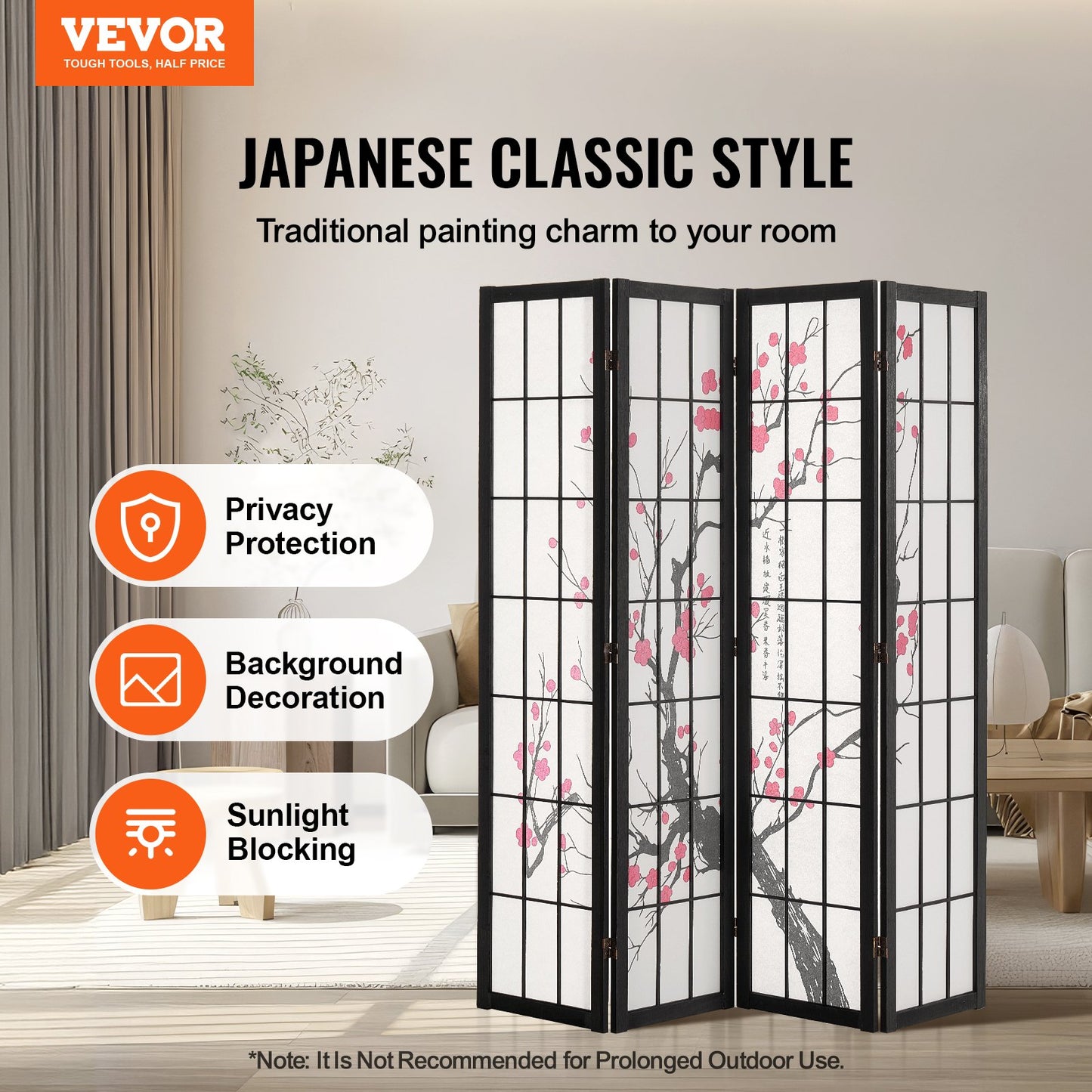 Japanese Room Divider Screen - 4 Panel Wood Folding Privacy Divider
