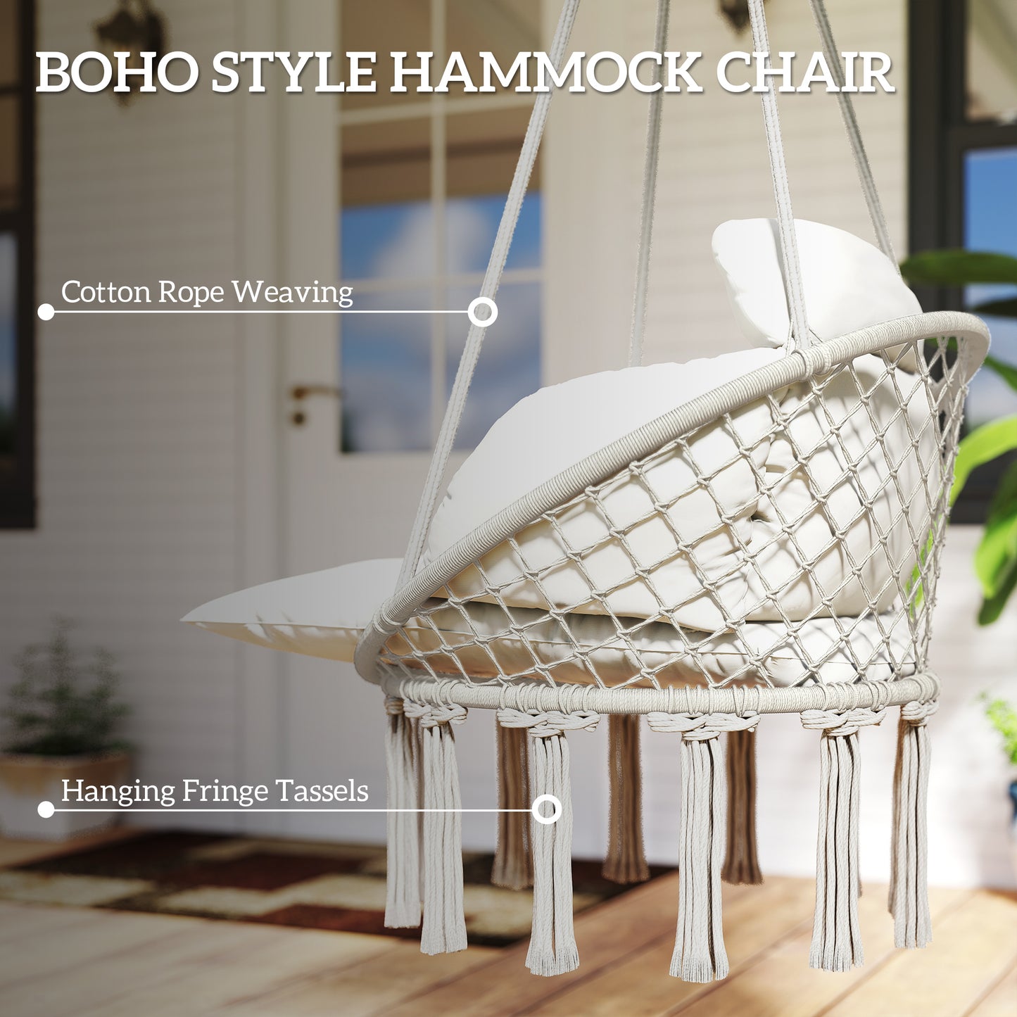 Macrame Hanging Hammock Chair with Large Cushion - Cream White