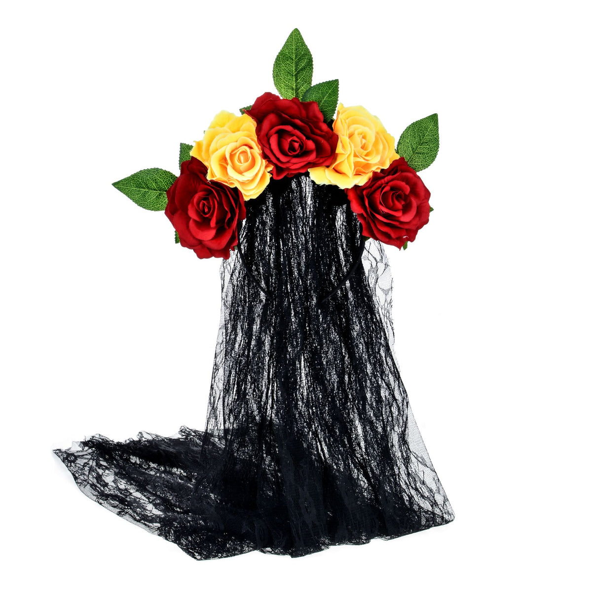 Artificial Rose Flower Headband with Lace Veil
