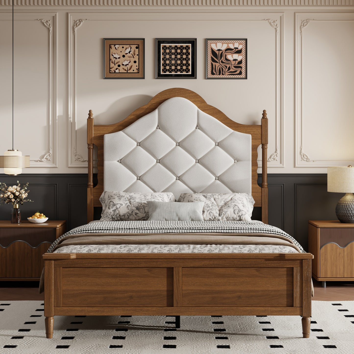 Full Size Wood Platform Bed Frame with Upholstered Headboard - Brown