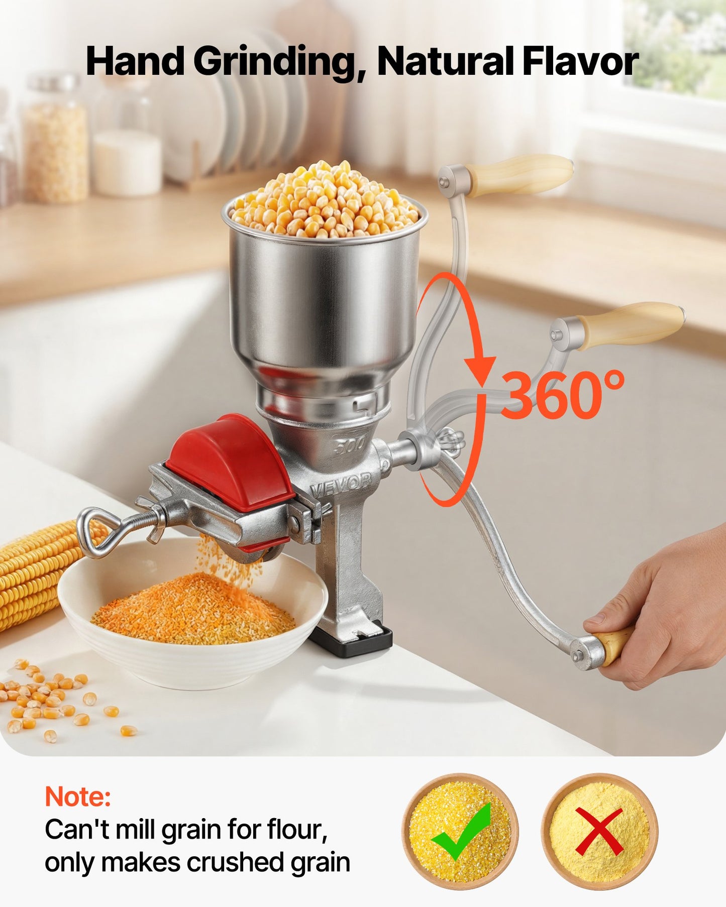 Manual Grain Mill with High Hopper - Hand-Crank Corn & Wheat Grinder, Heavy Duty Cast Iron, Kitchen & Home Brew