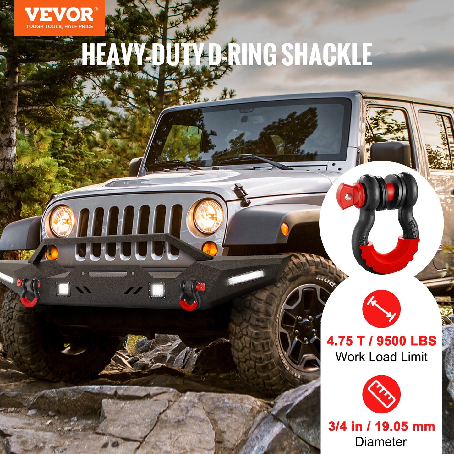 Heavy Duty Alloy Steel D-Ring Shackle 2 Pack 9,500 lbs Towing Recovery Black