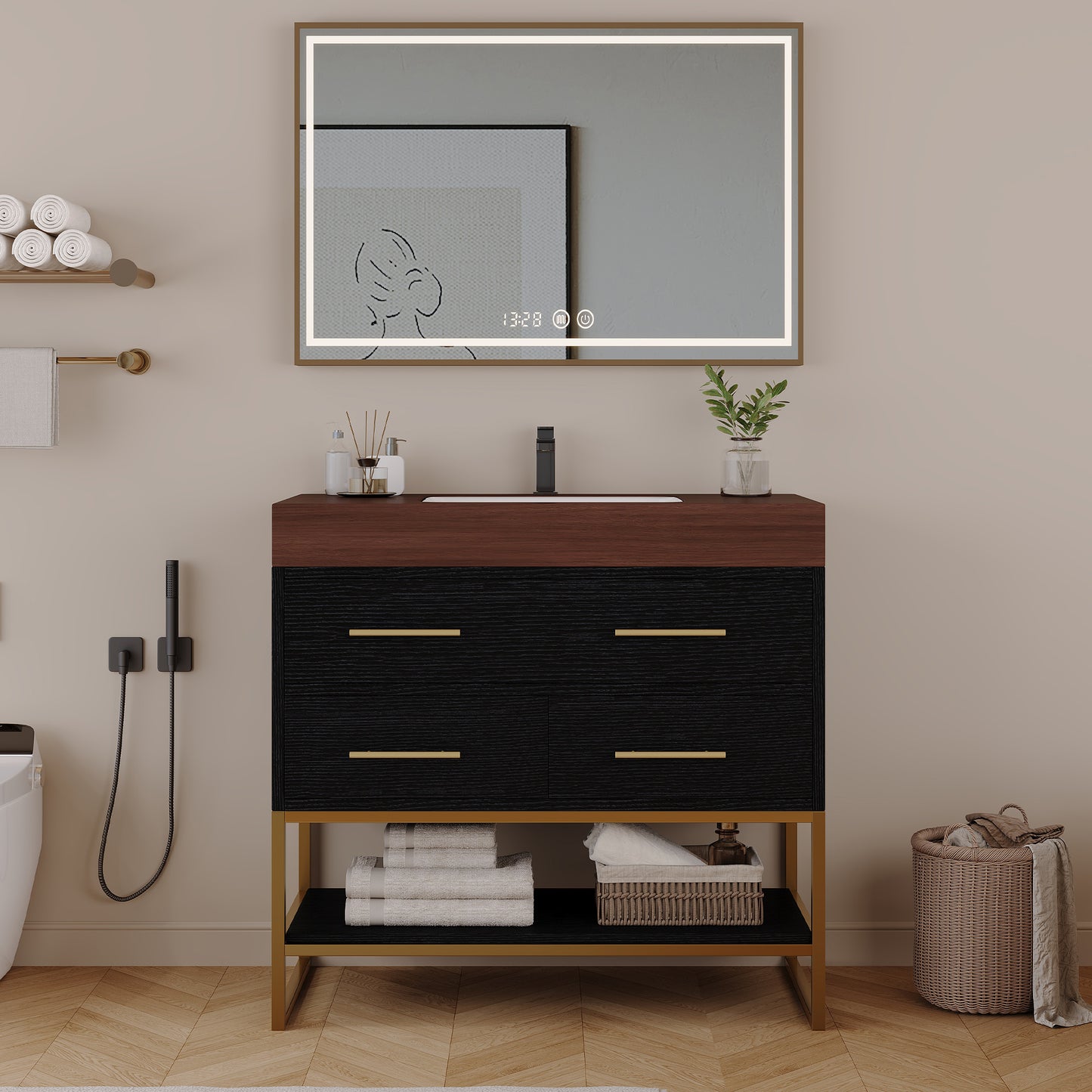 36" Modern Artificial Stone Bathroom Vanity with Ceramic Sink - Black Walnut