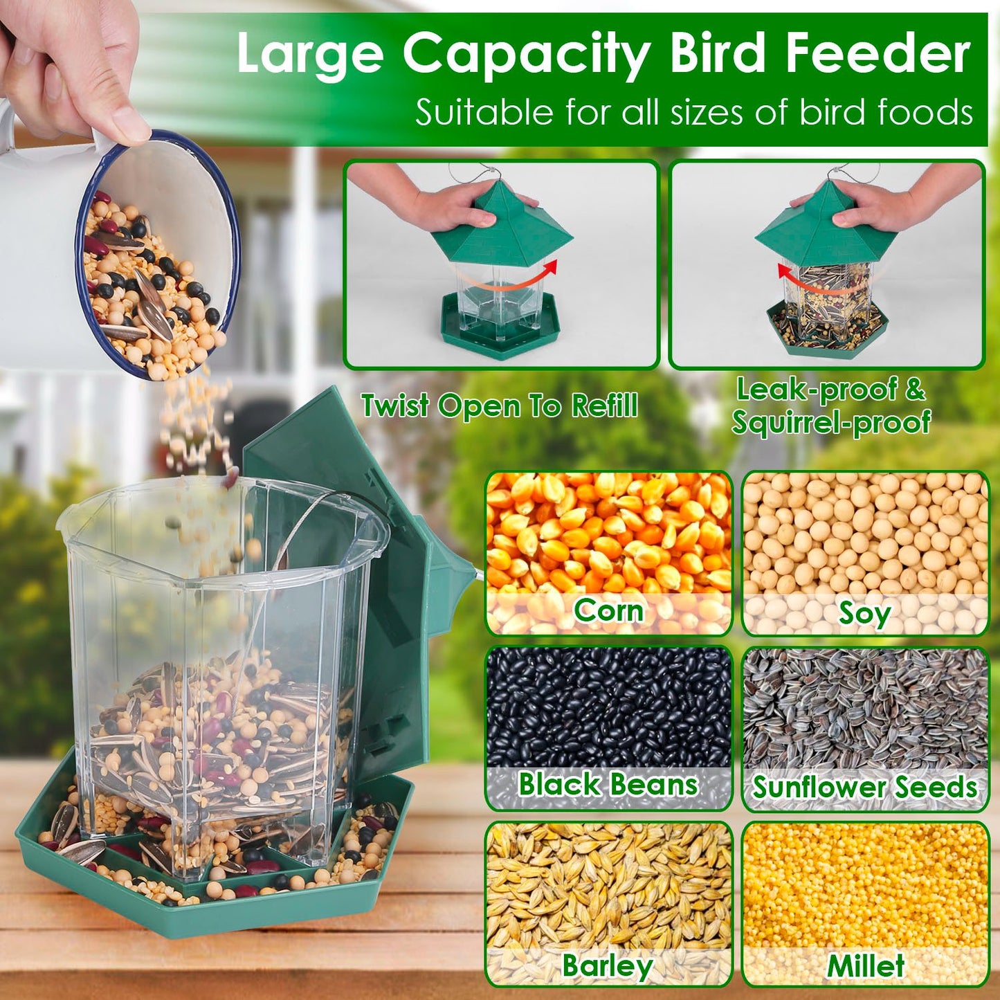 Hanging Bird Feeder with Large Capacity and 6 Feeding Ports for Garden Patio Park