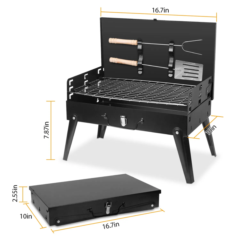 Portable Charcoal Grill with Adjustable Height - Black
