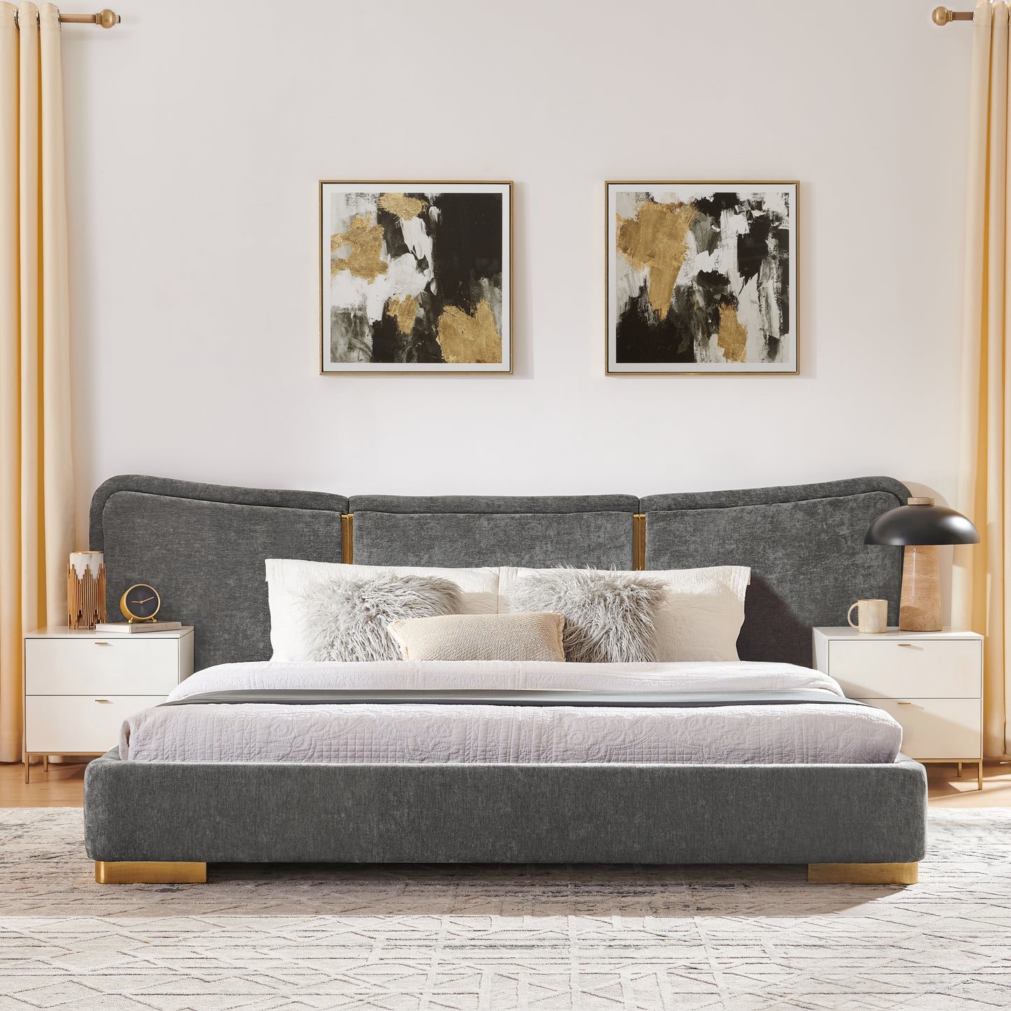 Queen Size Platform Bed with Curved Headboard - Dark Gray