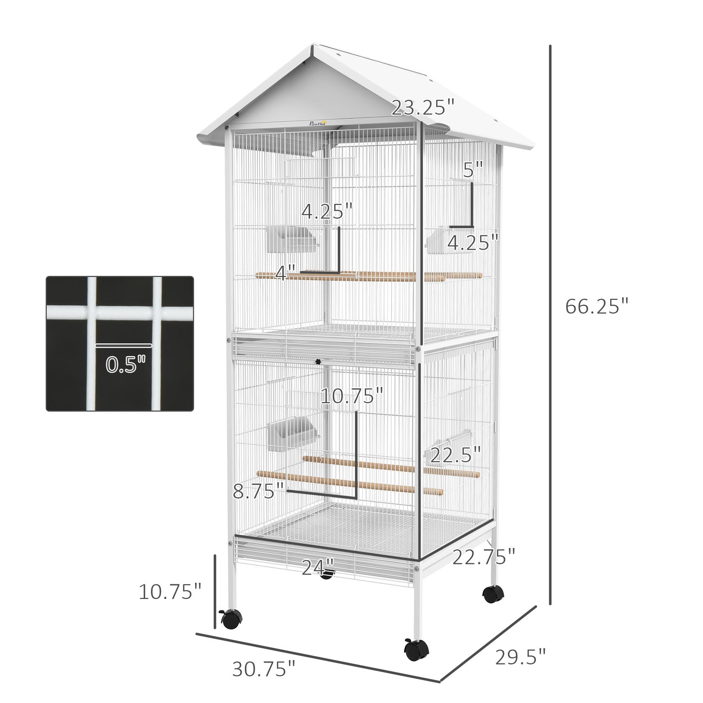 White Metal Bird Cage with Rolling Stand for Small to Medium Birds 67" H