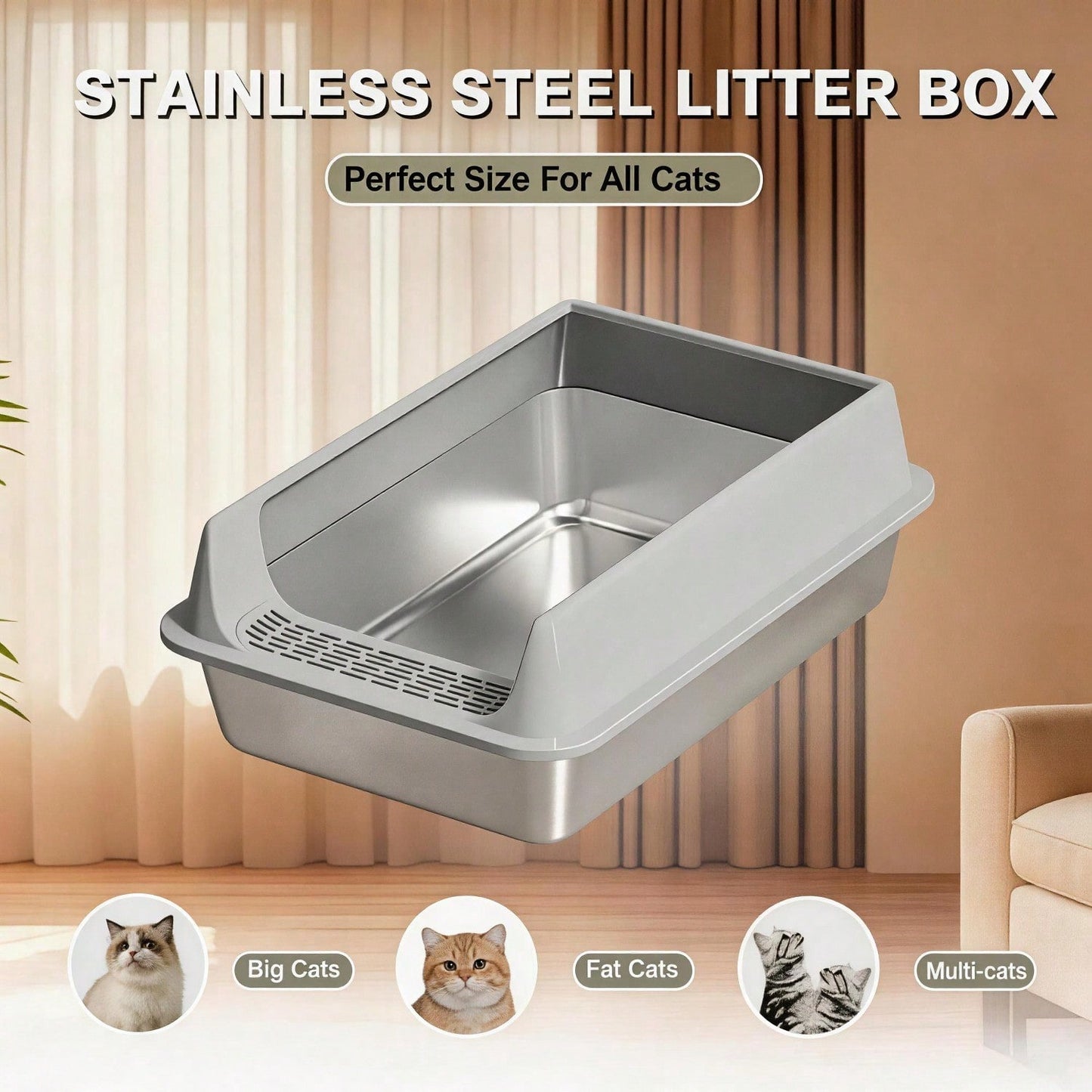 Stainless Steel Cat Litter Box Large Open Top Anti Splash & Odor Resistant