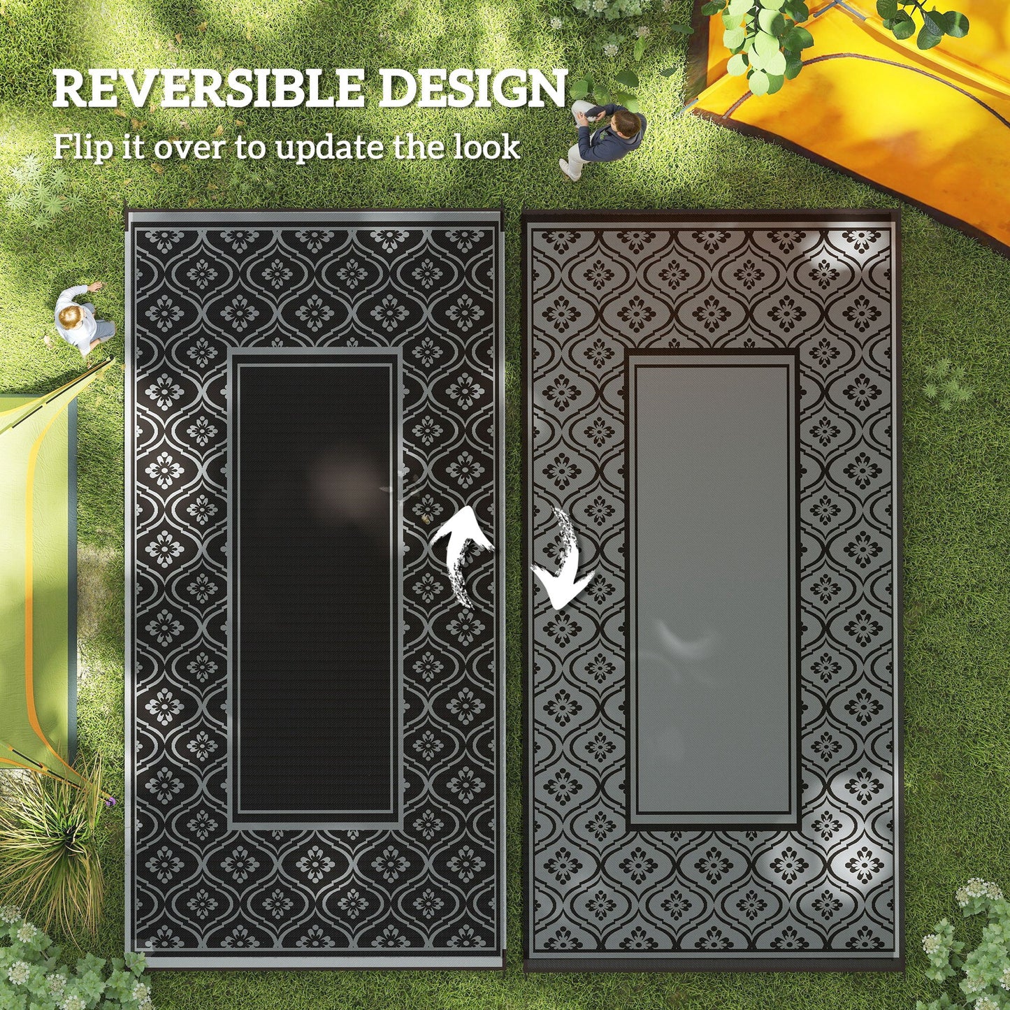 Reversible Outdoor Rug - Waterproof Plastic Straw, 9' x 18', Black & Gray