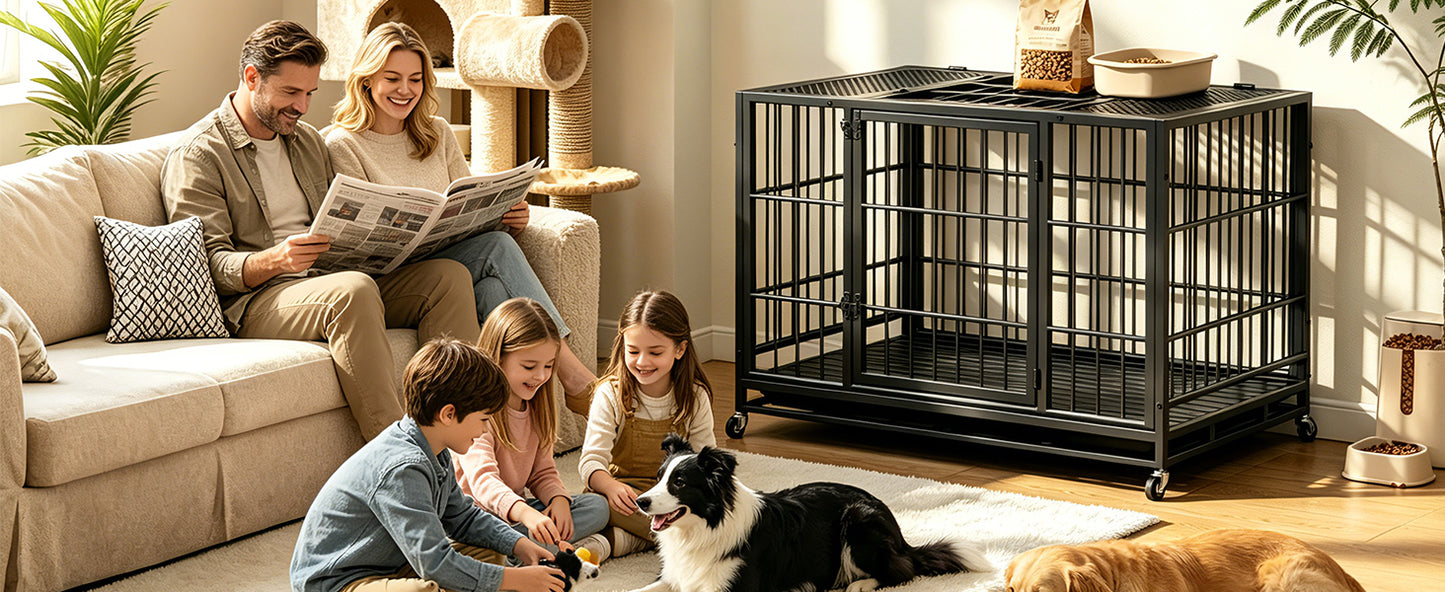 Heavy Duty Dog Crate with Lockable Wheels and Perforated Top, Indoor Outdoor Kennel