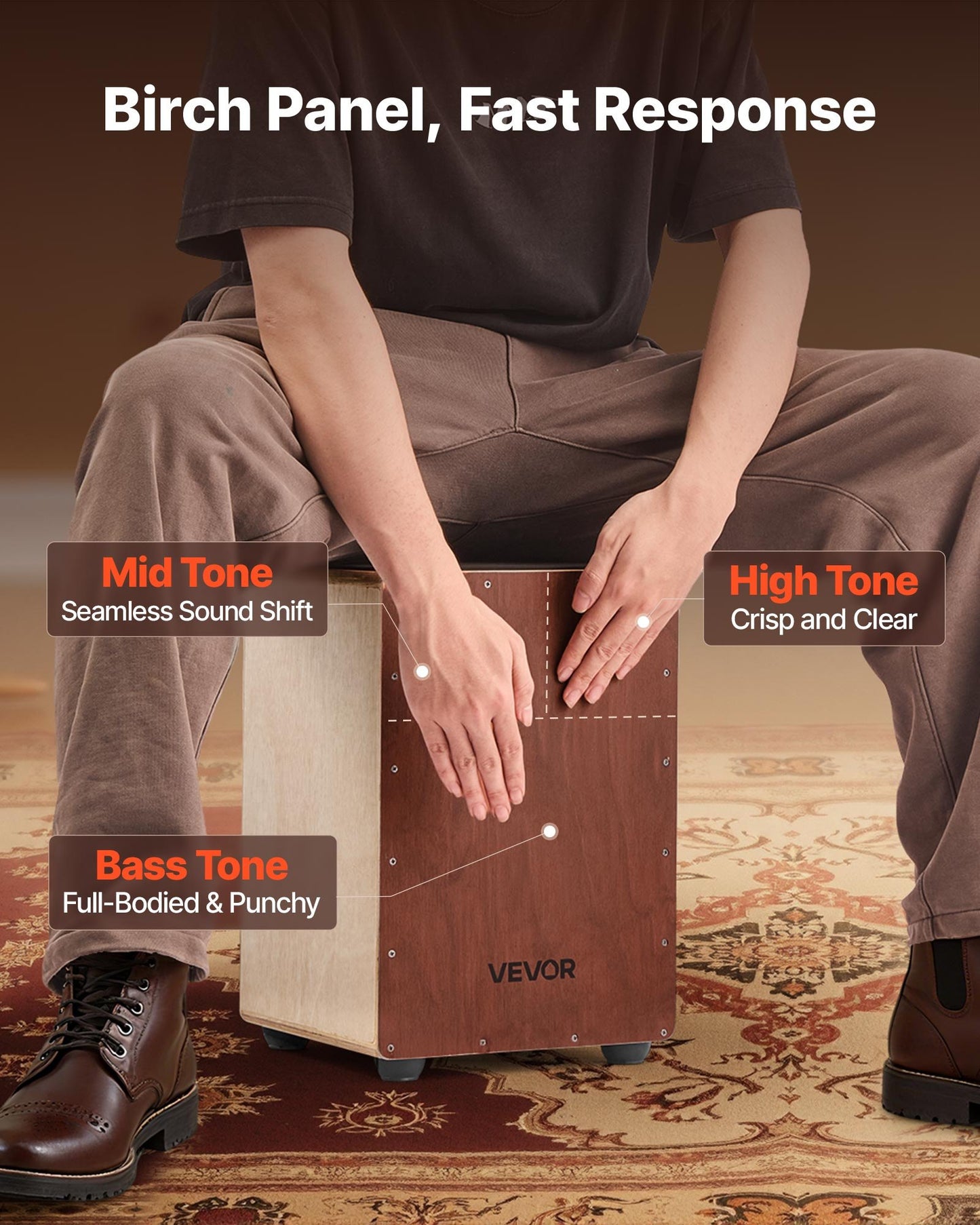 Wooden Cajon Box Drum with Internal Snare Wires - Portable Percussion Instrument