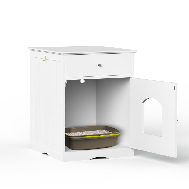 White Wooden Cat Litter Box Enclosure with Drawer & Side Table – Indoor Pet Nightstand