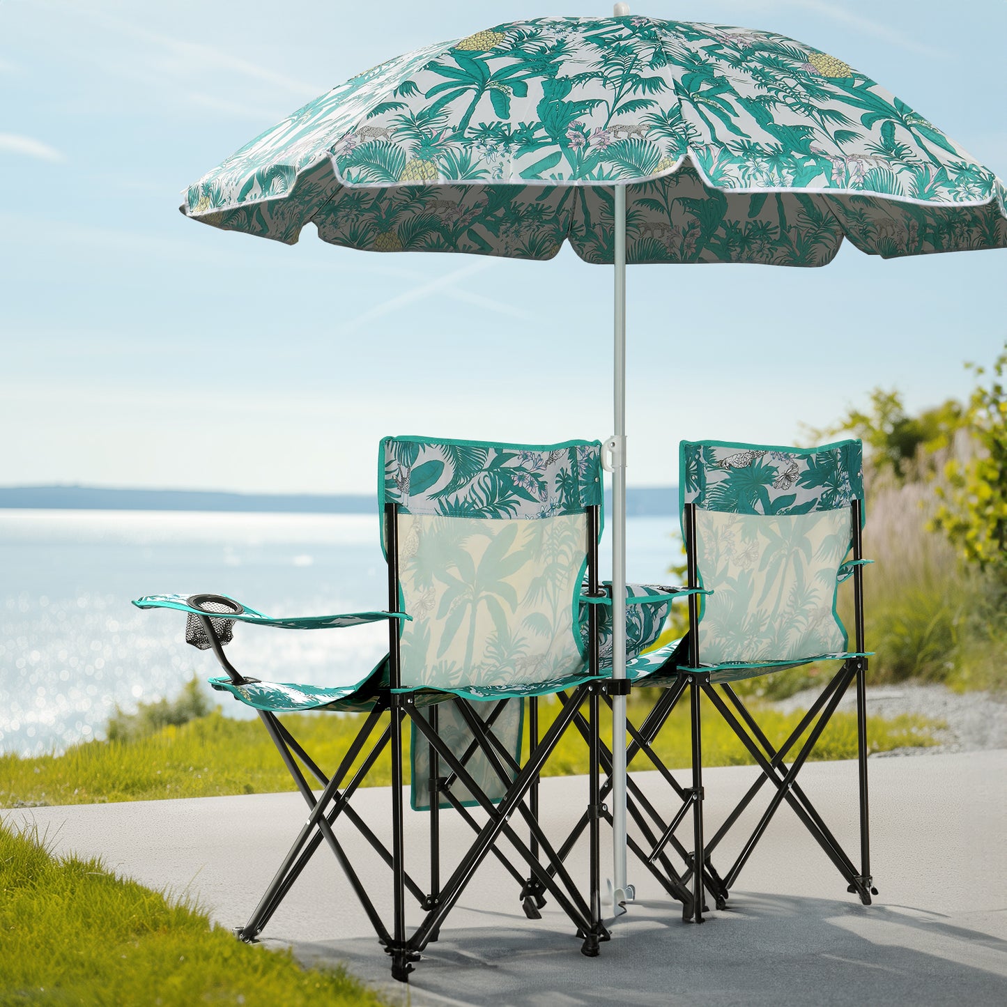 Folding Double Camping Chair with Removable Umbrella & Cup Holders