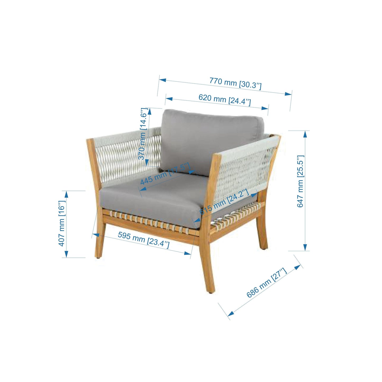 Outdoor Acacia Wood Lounge Chair with Thick Cushions - Natural & Grey