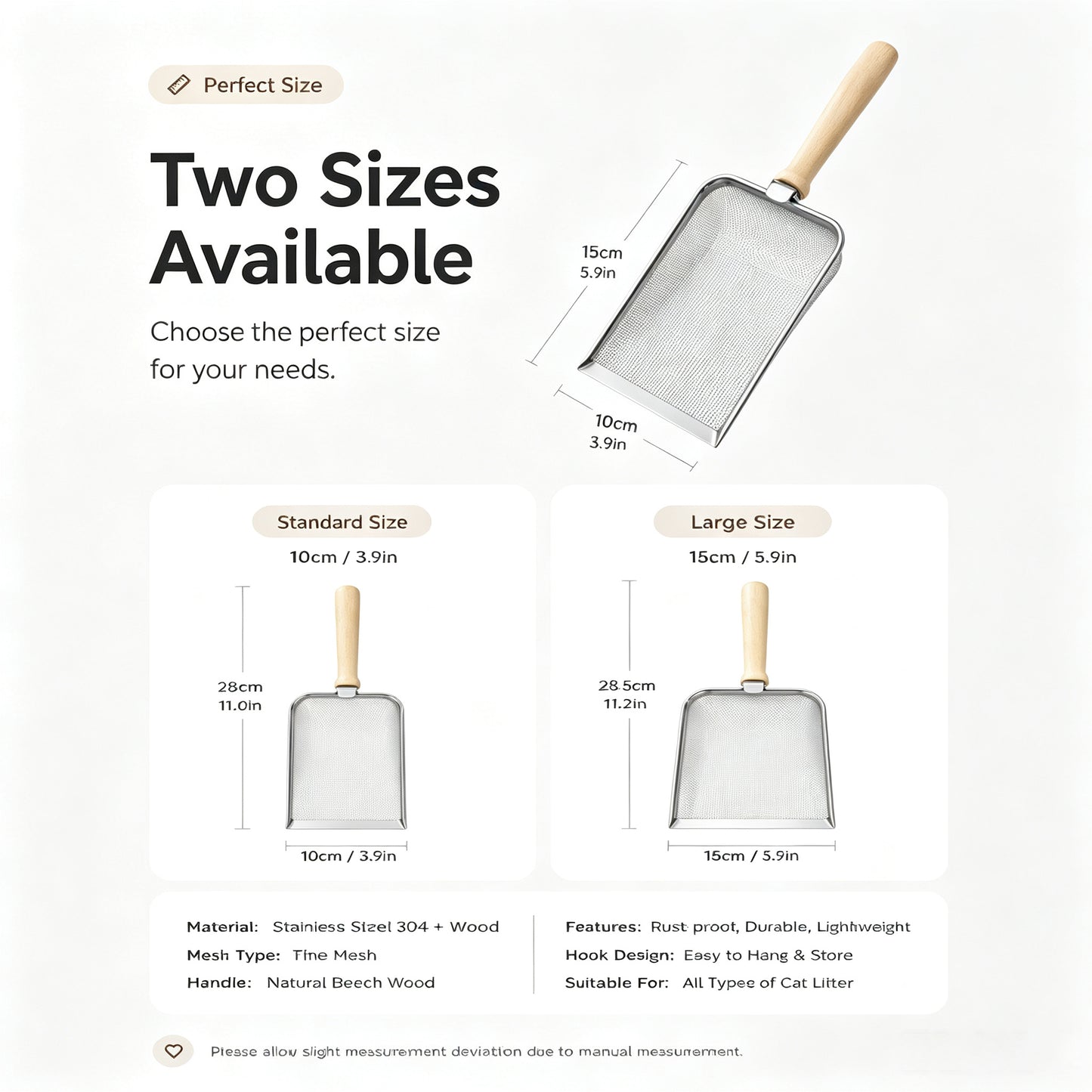 Stainless Steel Cat Litter Scoop with Mesh Sifter & Wooden Handle - Heavy Duty