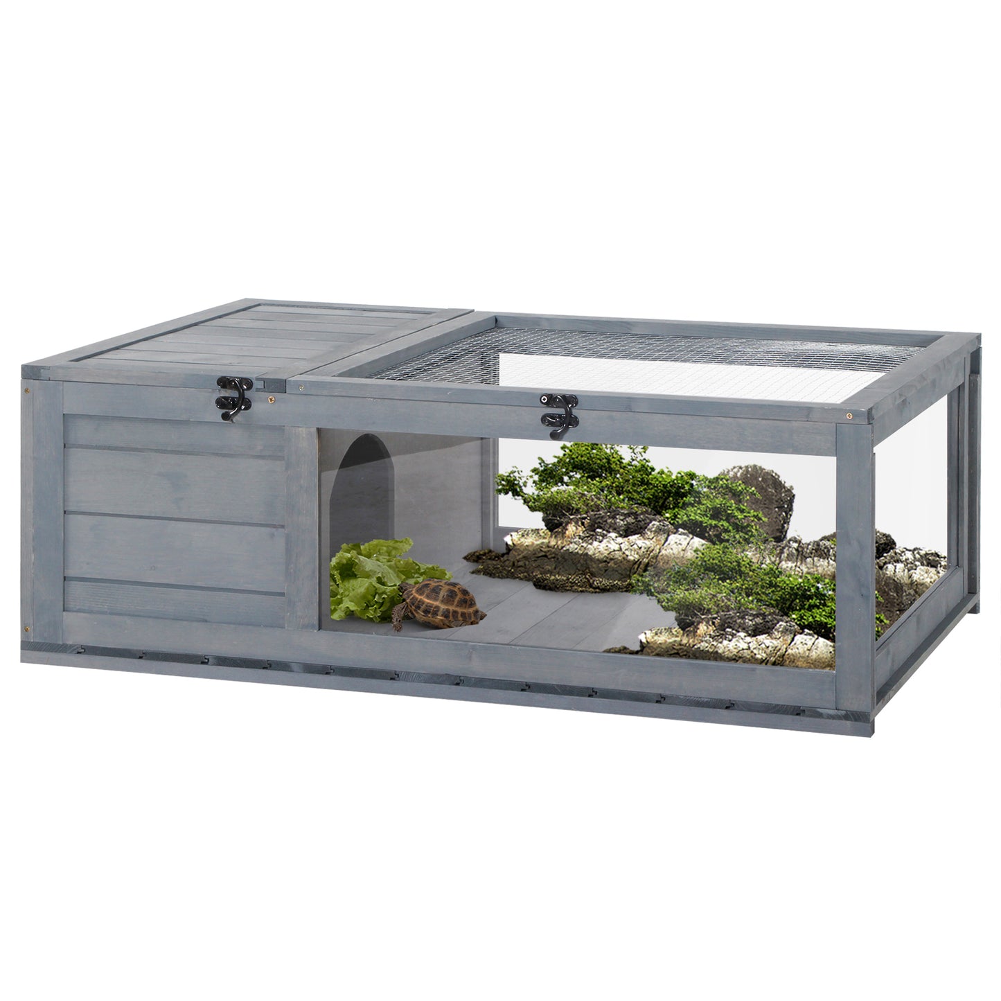 Wooden Reptile Cage with Sliding Tray for Turtles, Lizards, Snakes - Grey