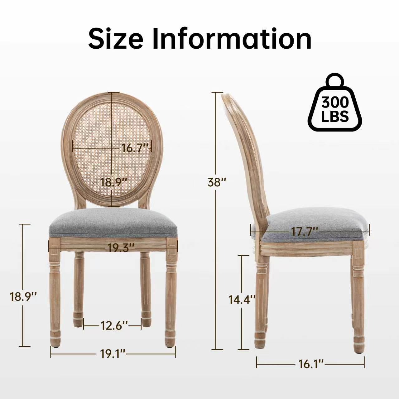 Farmhouse Dining Chairs Set of 2 - Grey Linen & Rattan Backrest