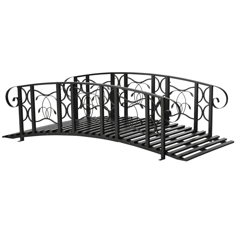 Metal Garden Bridge with 660 lbs Capacity, Safety Rail, Vine Motifs, Black