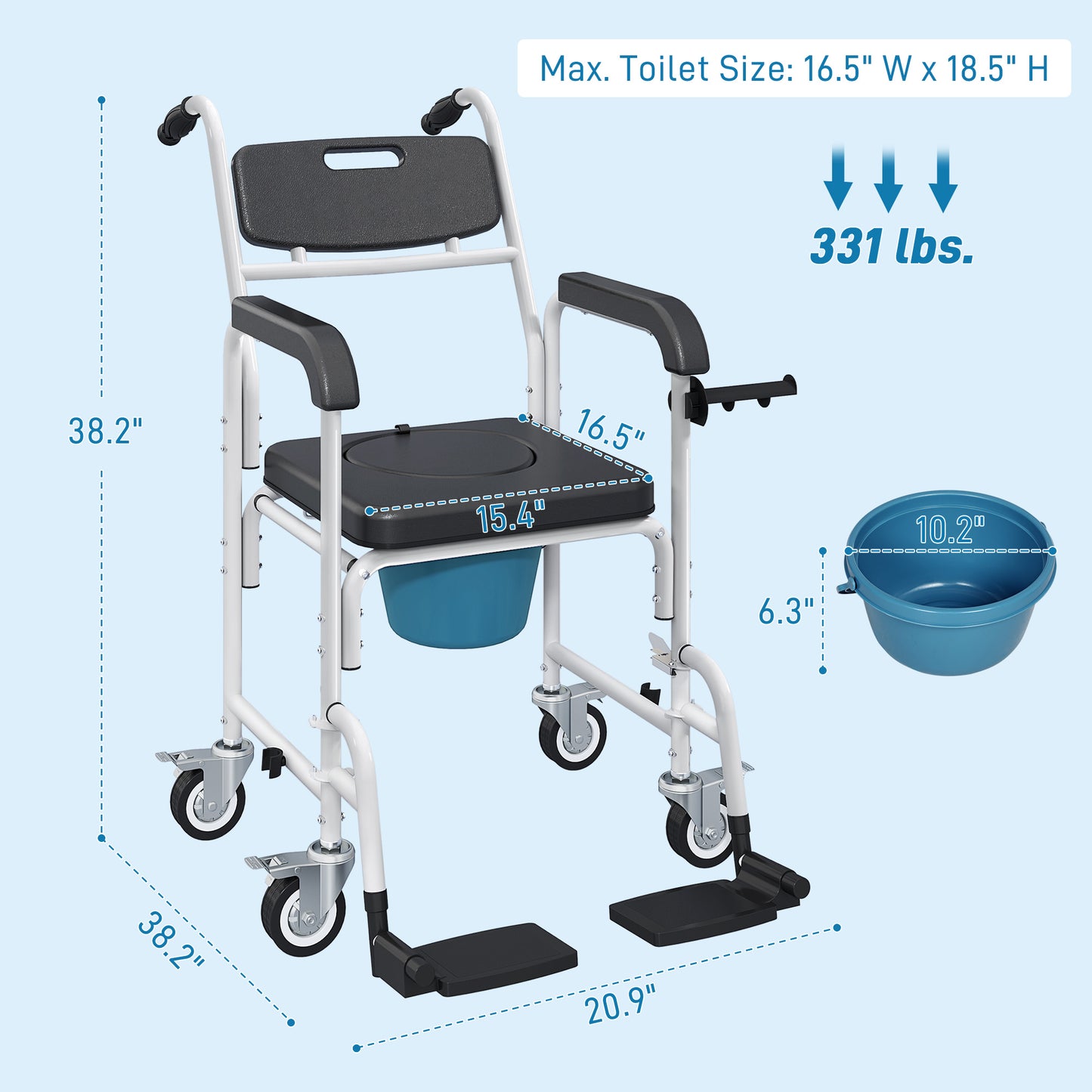 4-in-1 Shower Wheelchair for Seniors - Commode Chair with Locking Wheels, Black