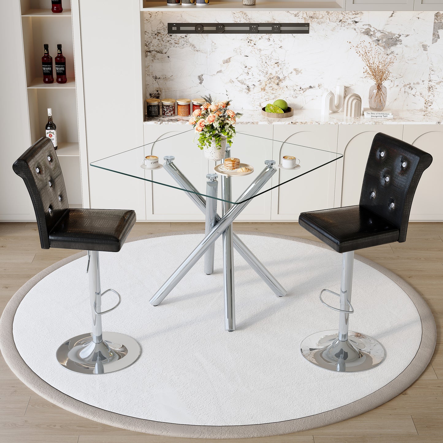 Modern Glass Bar Table And Adjustable Stools Set Of 2, Contemporary