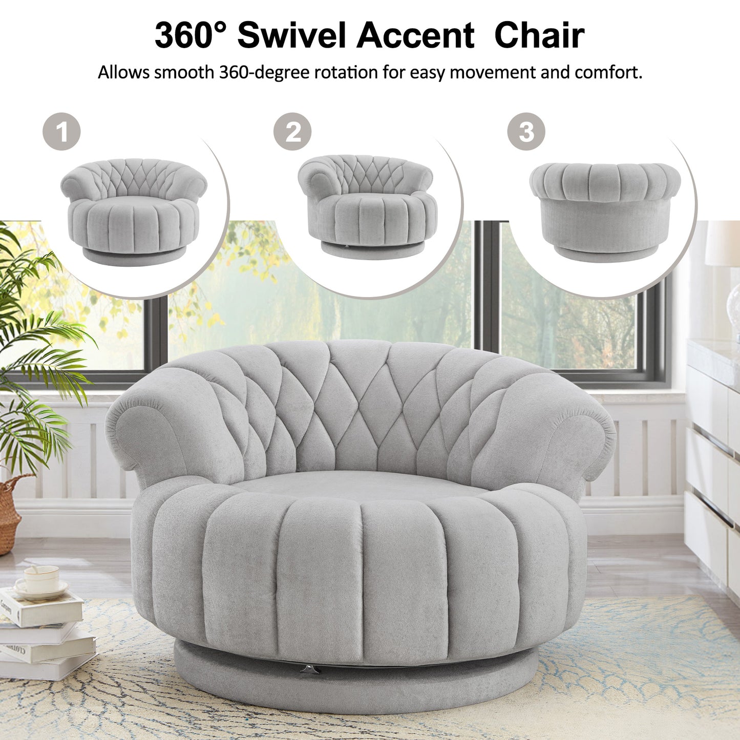 Grey 360° Swivel Accent Chair - Chenille Barrel Club Chair