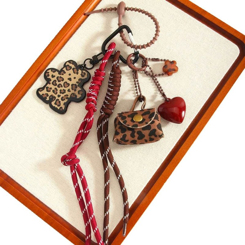 Leather Leopard Print Pouch Keychain Pendant Brown