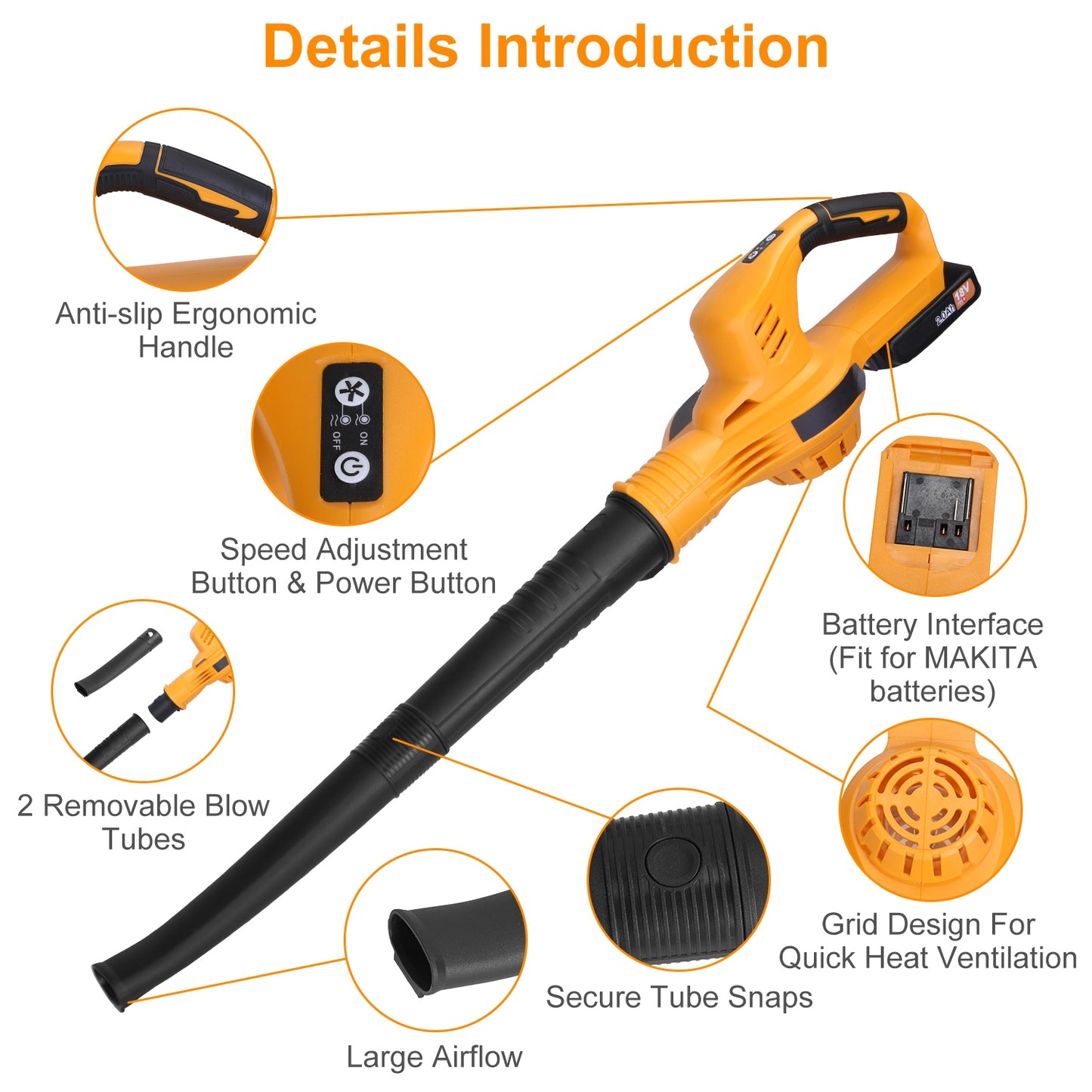 Cordless Handheld Leaf Blower with 124MPH Air Speed and 300CFM, 2-Speed, Orange